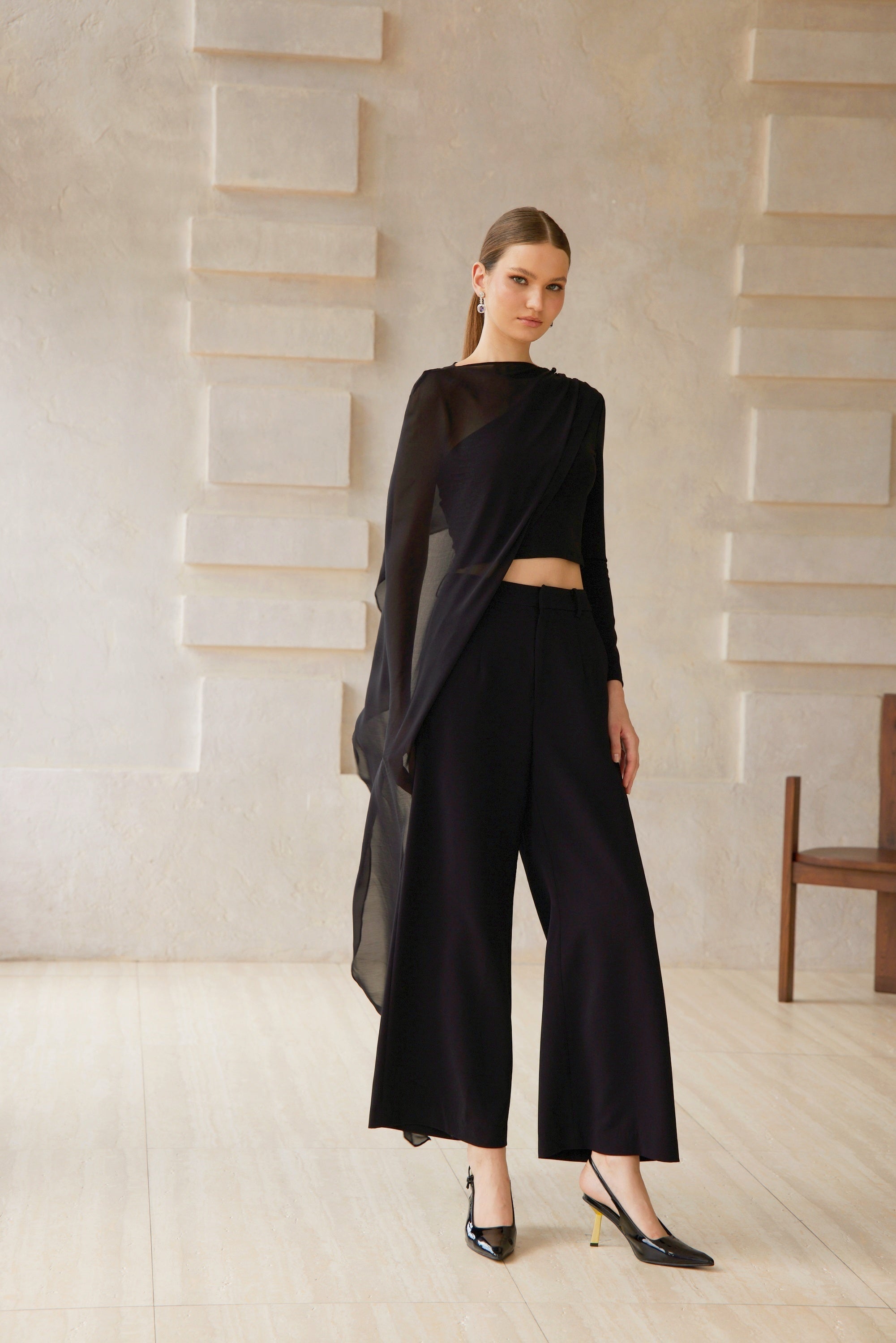 Eugénie Black Asymmetrical Design Blouse & Trousers Set