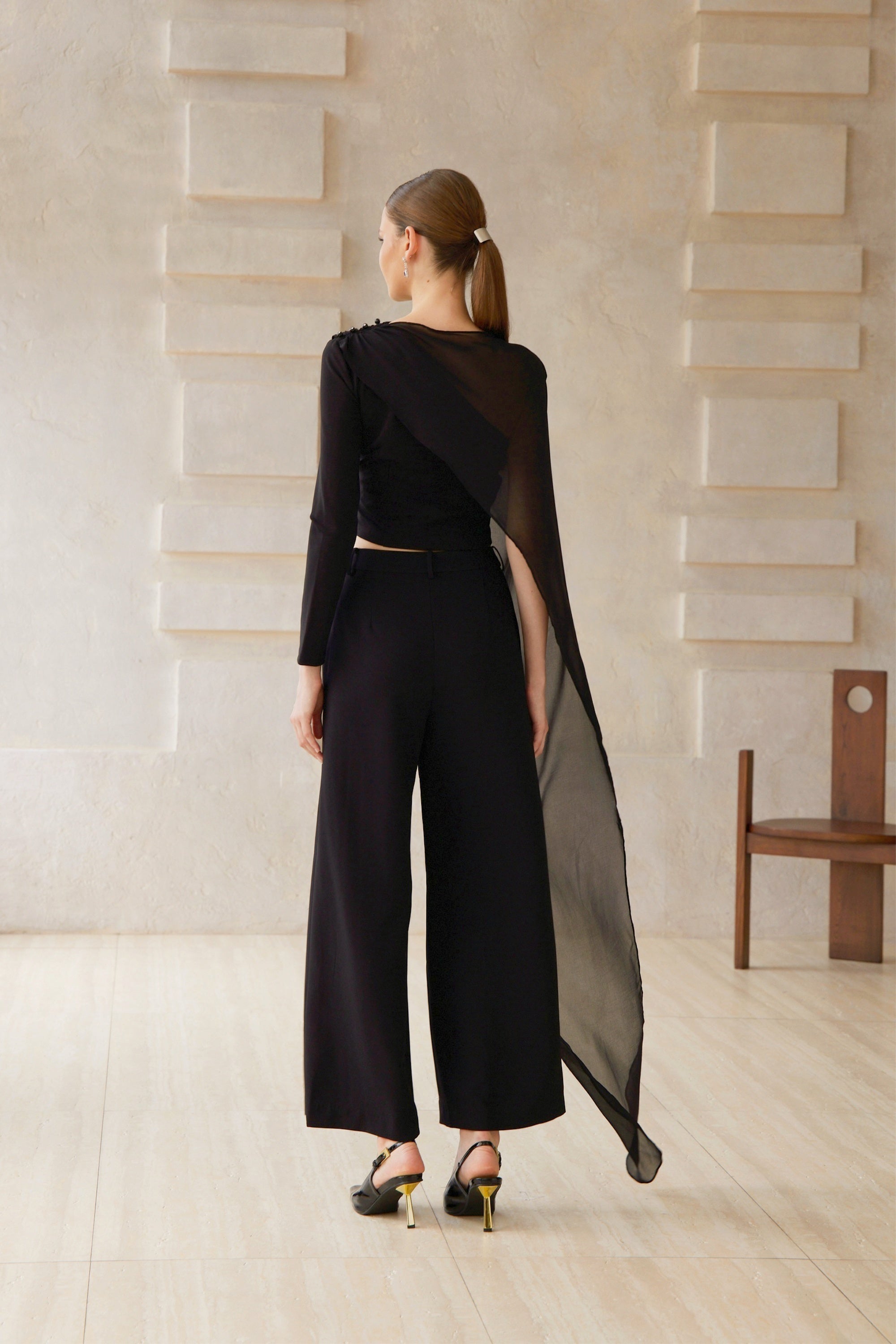 Eugénie Black Asymmetrical Design Blouse & Trousers Set