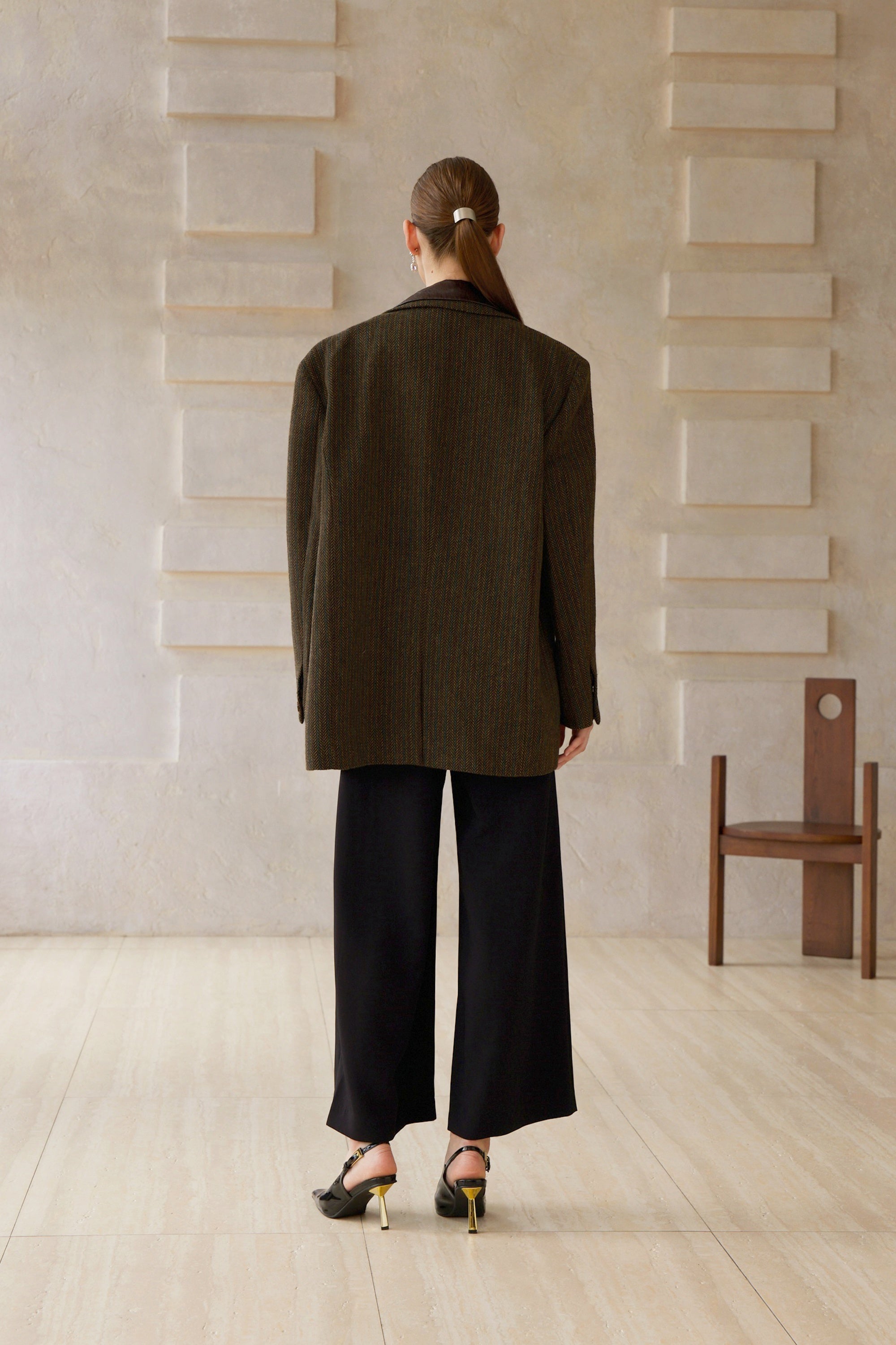 Amber Brown Leather Panel Herringbone Tweed Blazer - brown