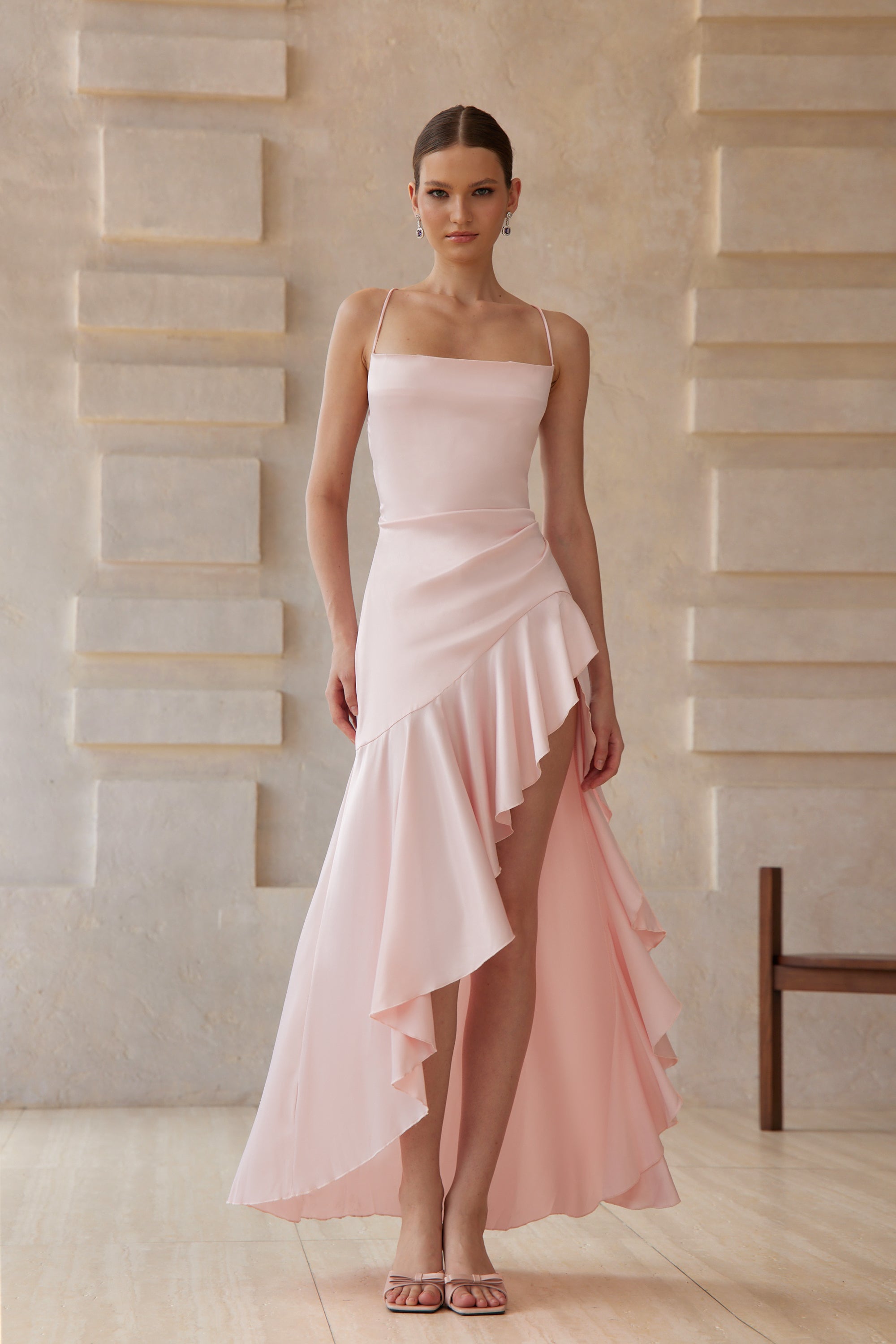Léna Pink Asymmetrical Satin Midi Dress