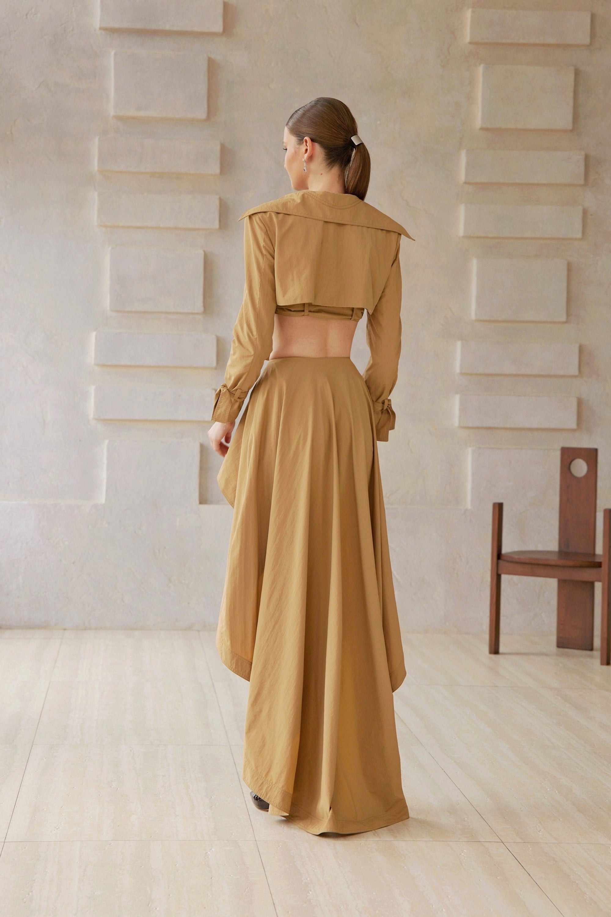 Maelle Khaki Cropped Trench Jacket & Skirt Matching Set