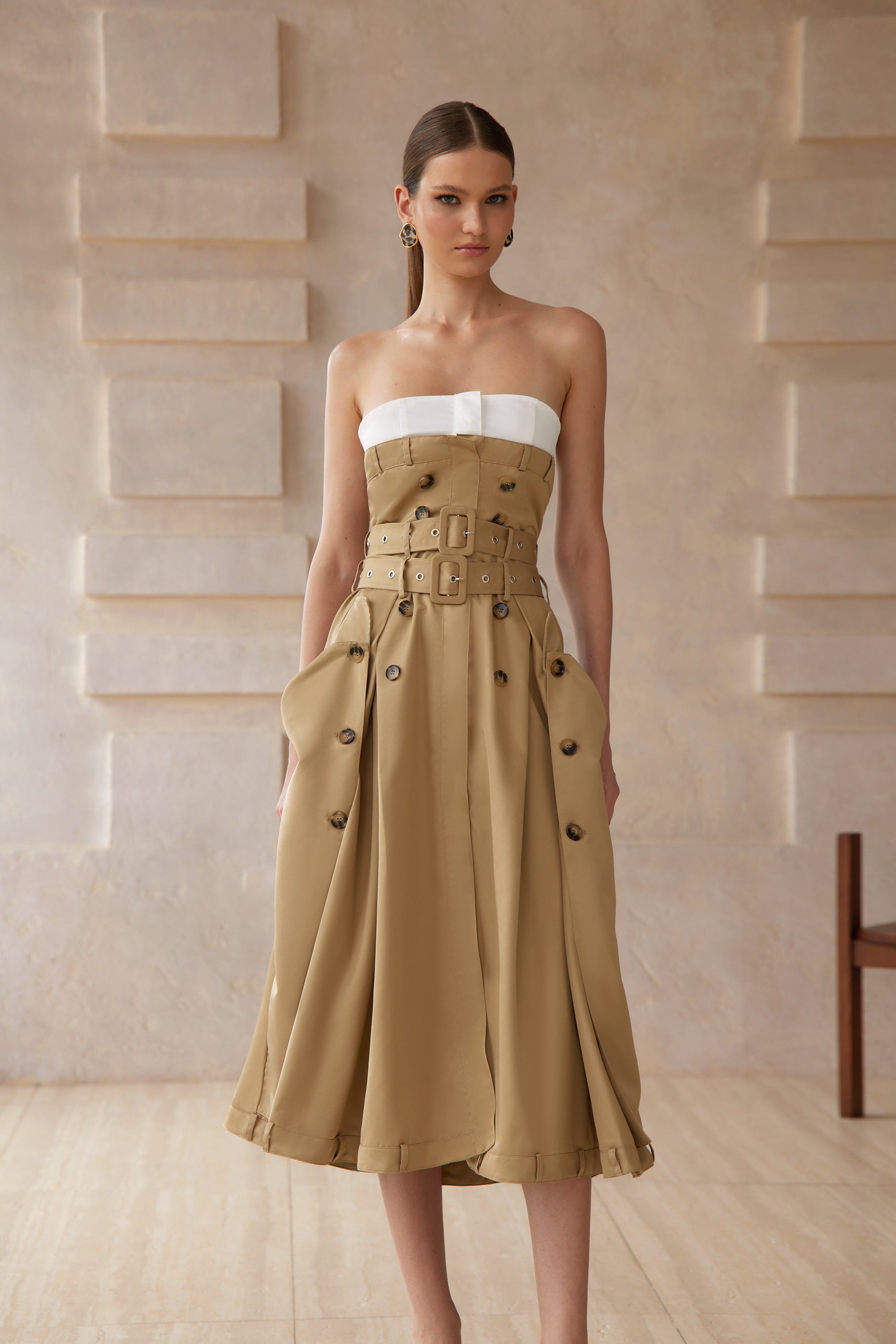 Alba Khaki Trench Style Midi Dress (Final Sale-US Only)