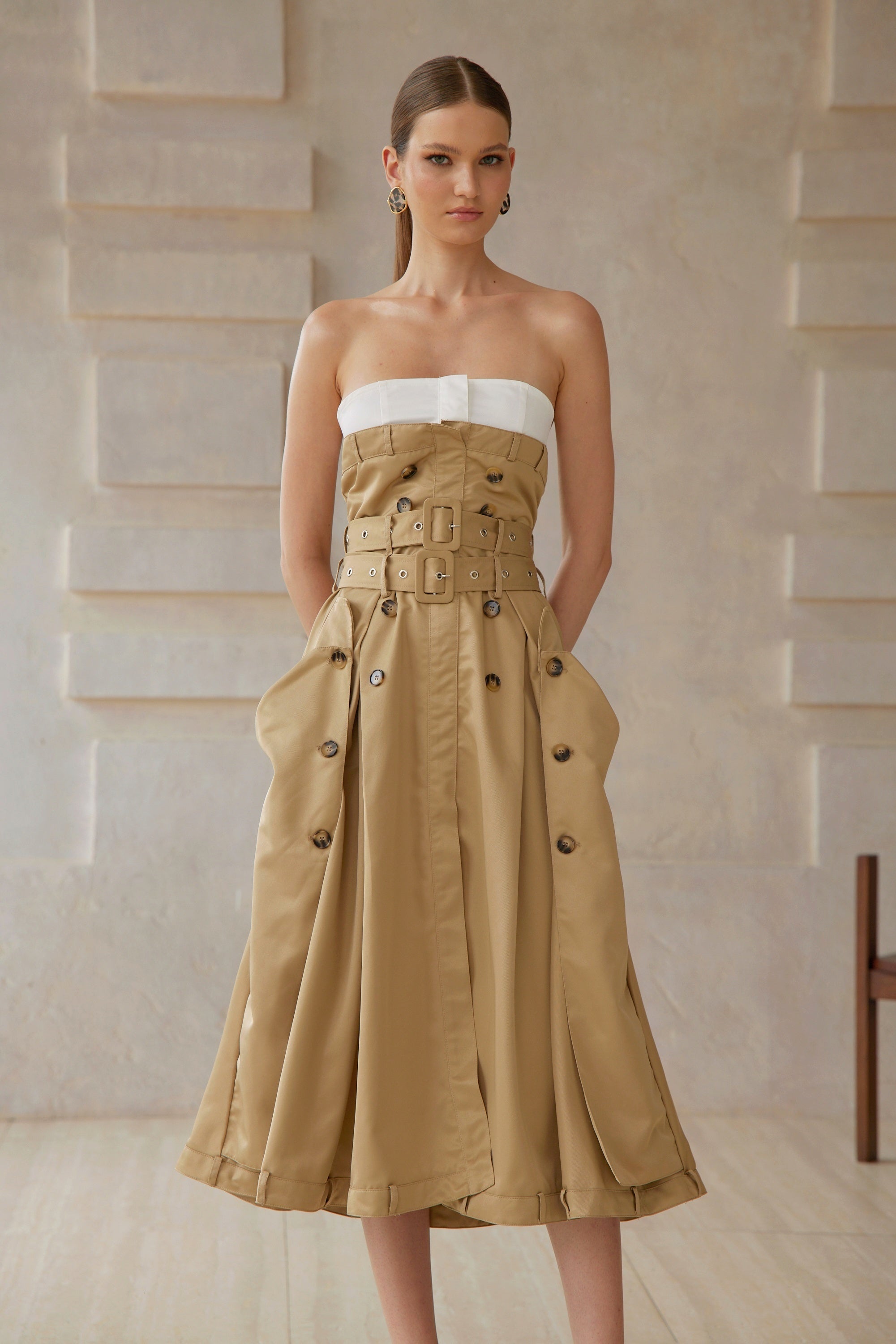Alba Khaki Trench Style Midi Dress (Final Sale-US Only)