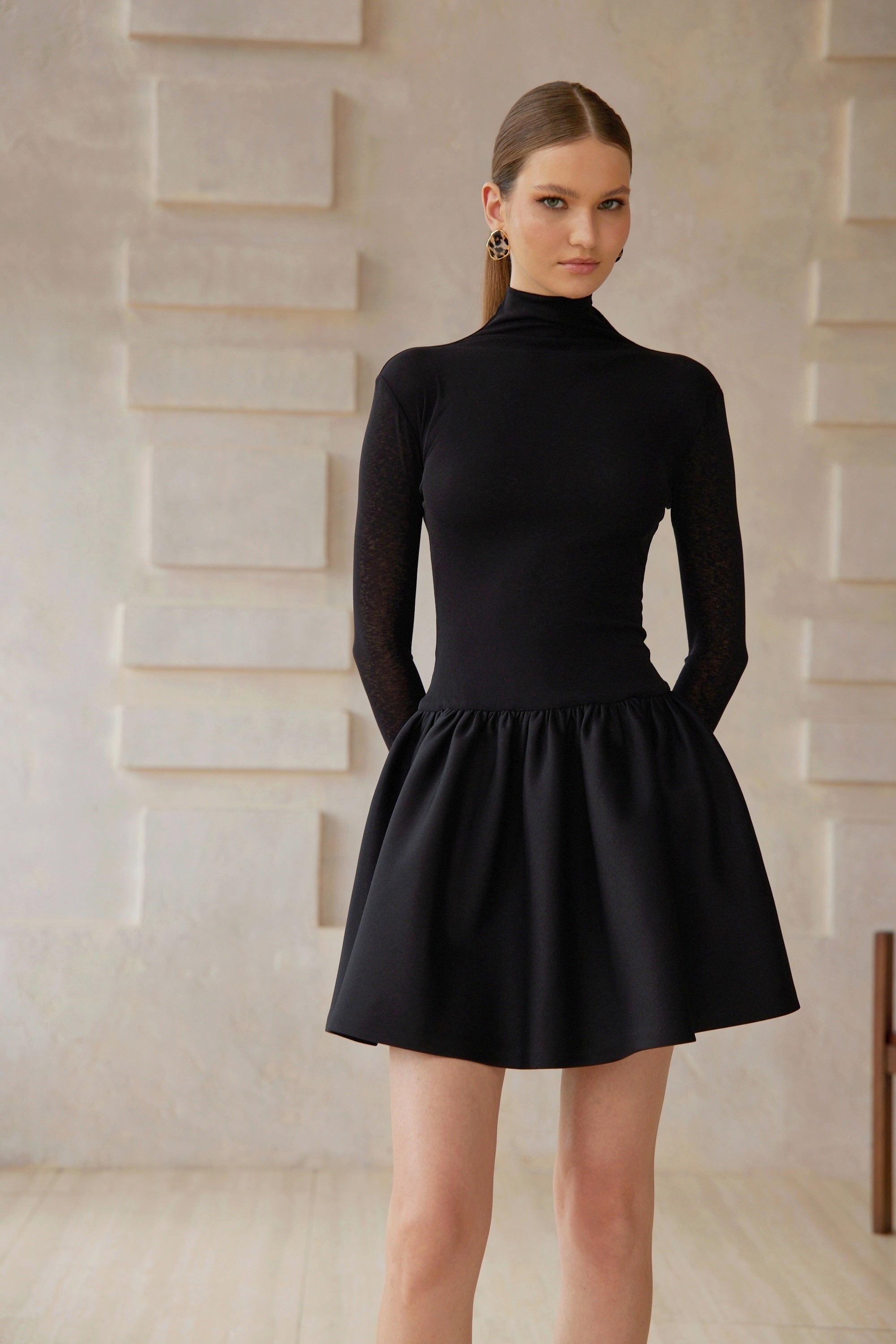 Ariane Black Knit Panel Mini Dress