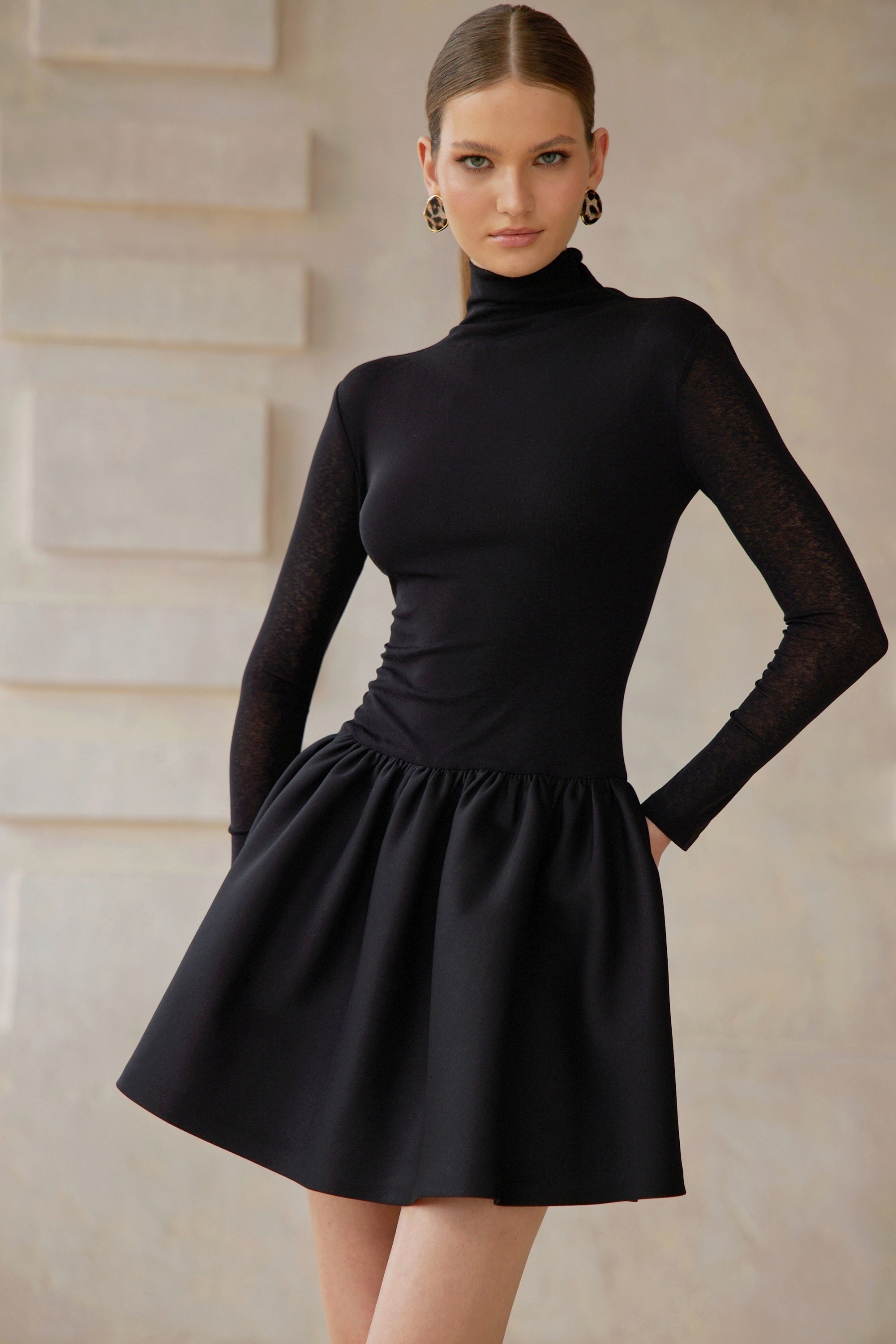 Ariane Black Knit Panel Mini Dress