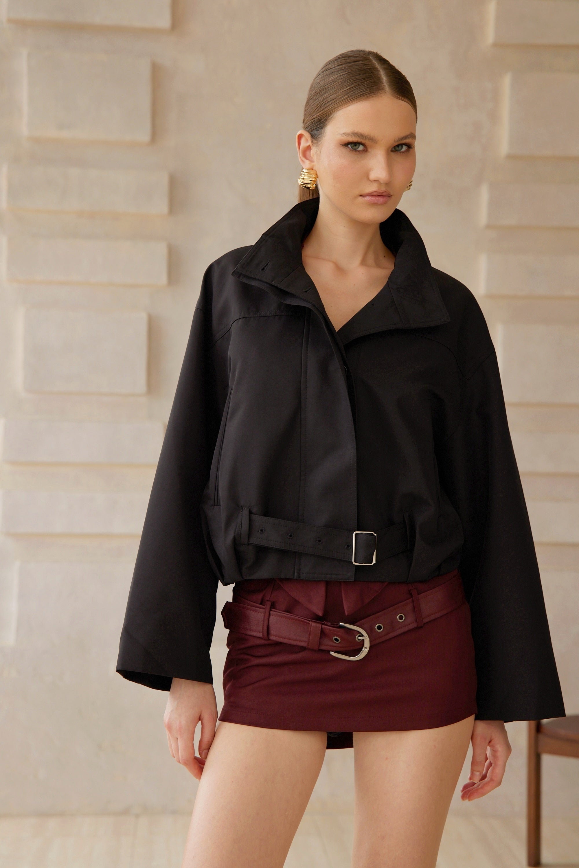 Paulette Black Belted Waist Short Trench Coat