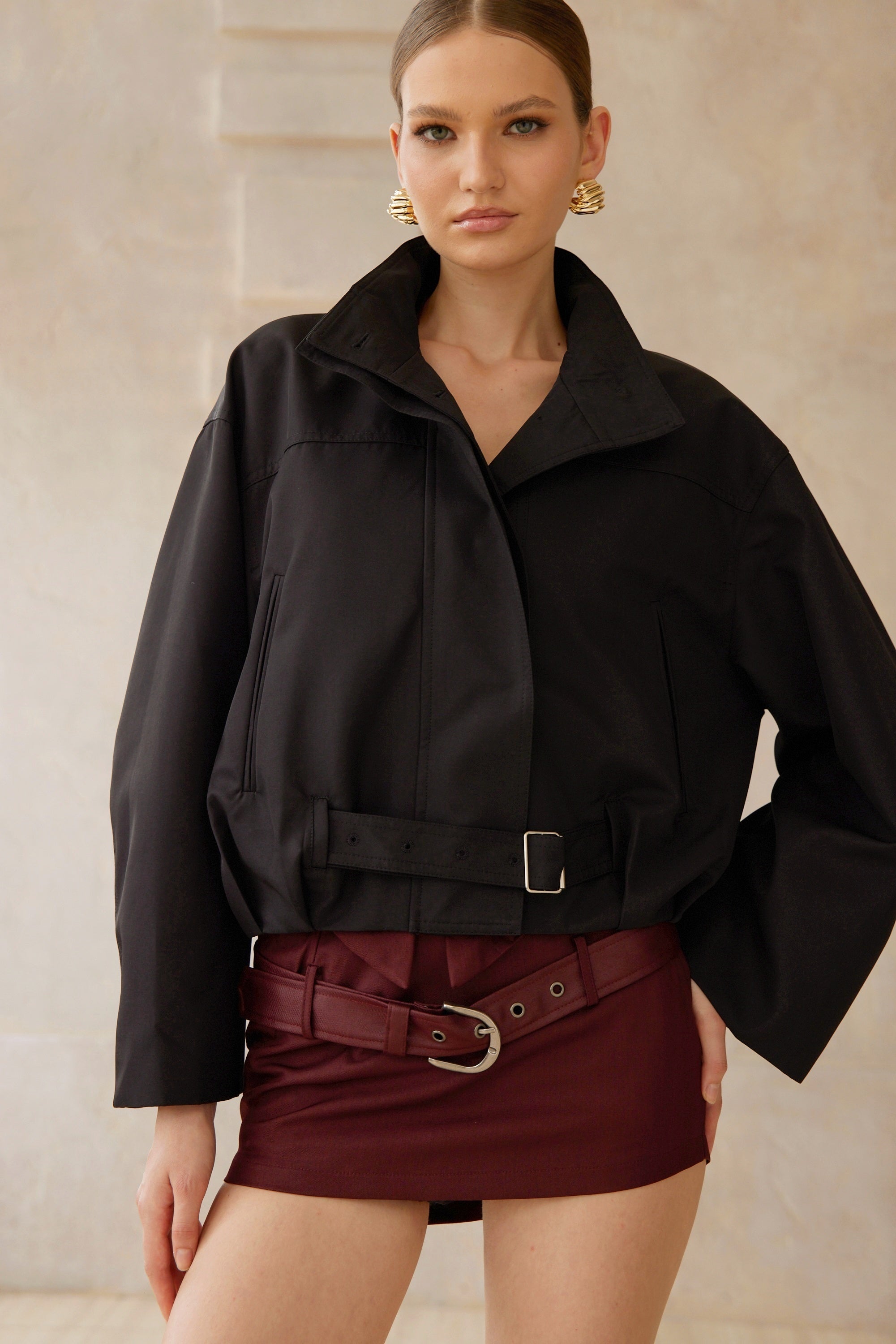 Paulette Black Belted Waist Short Trench Coat