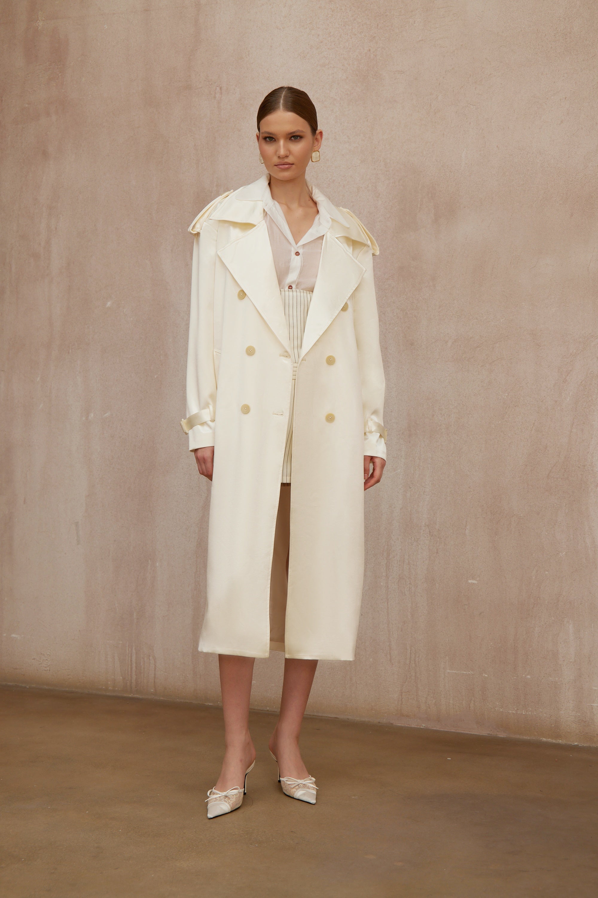 Amélie Cream White Satin Long Trench Coat - ivory