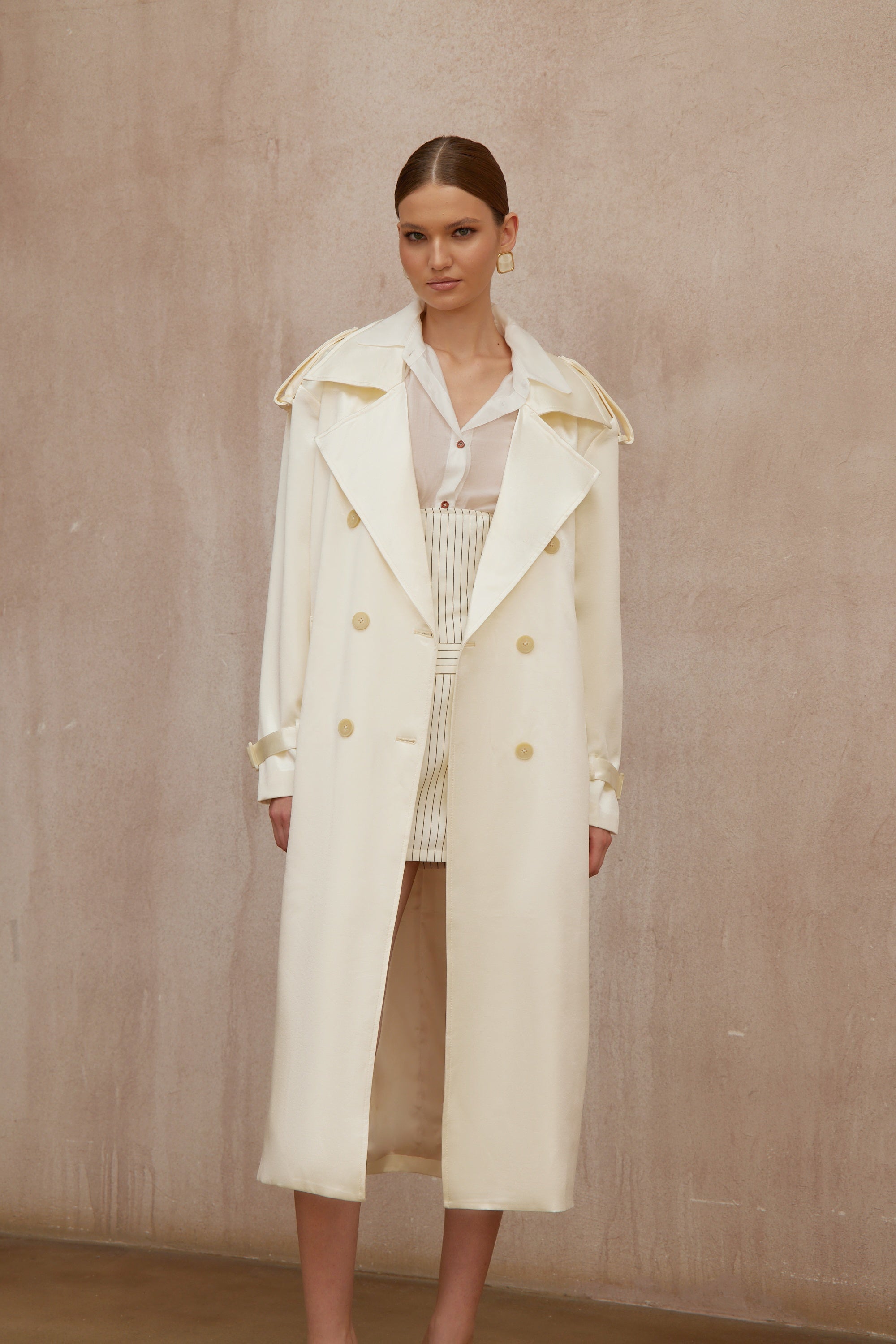 Amélie Cream White Satin Long Trench Coat - ivory