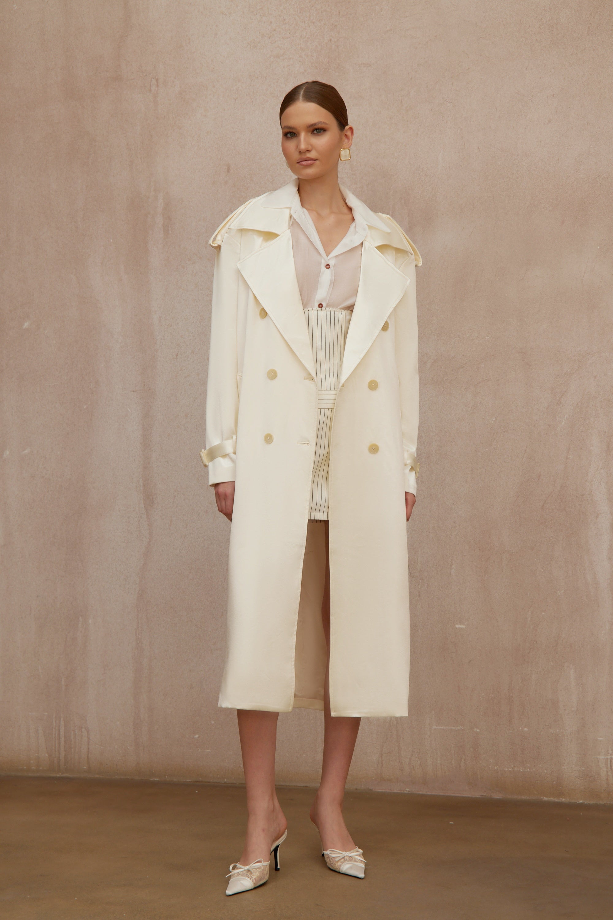 Amélie Cream White Satin Long Trench Coat - ivory