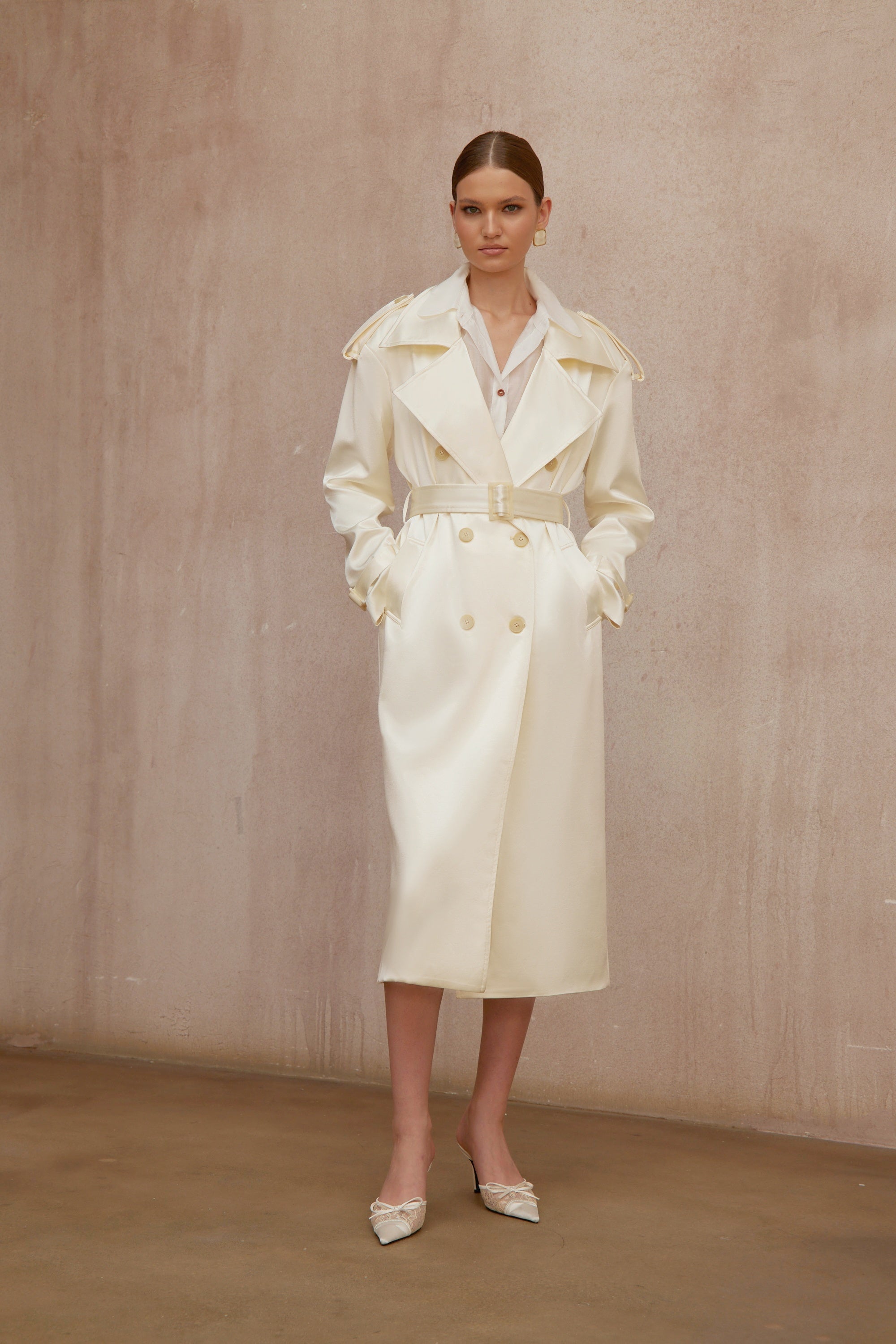 Amélie Cream White Satin Long Trench Coat - ivory