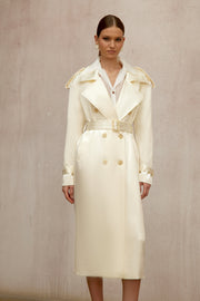 Amélie Cream White Satin Long Trench Coat - ivory