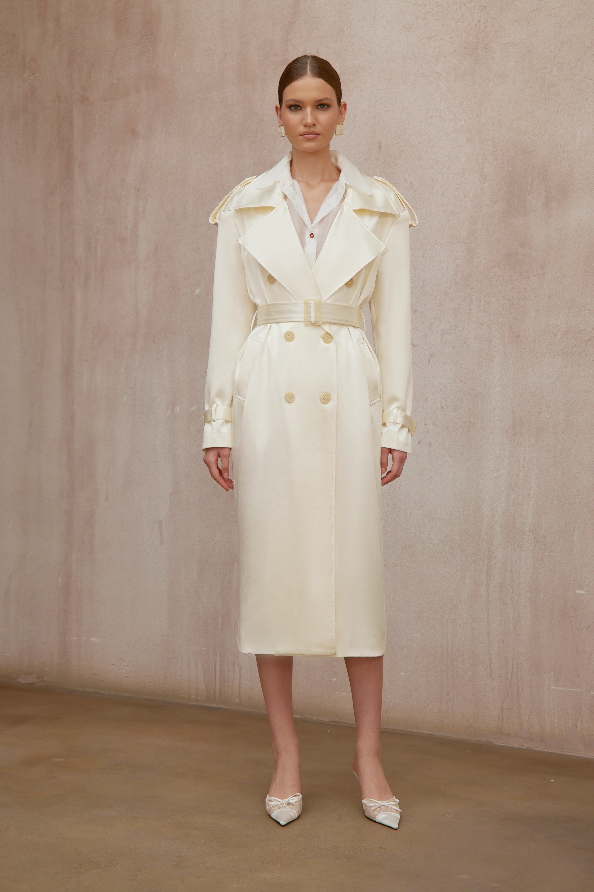 Amélie Cream White Satin Long Trench Coat - ivory