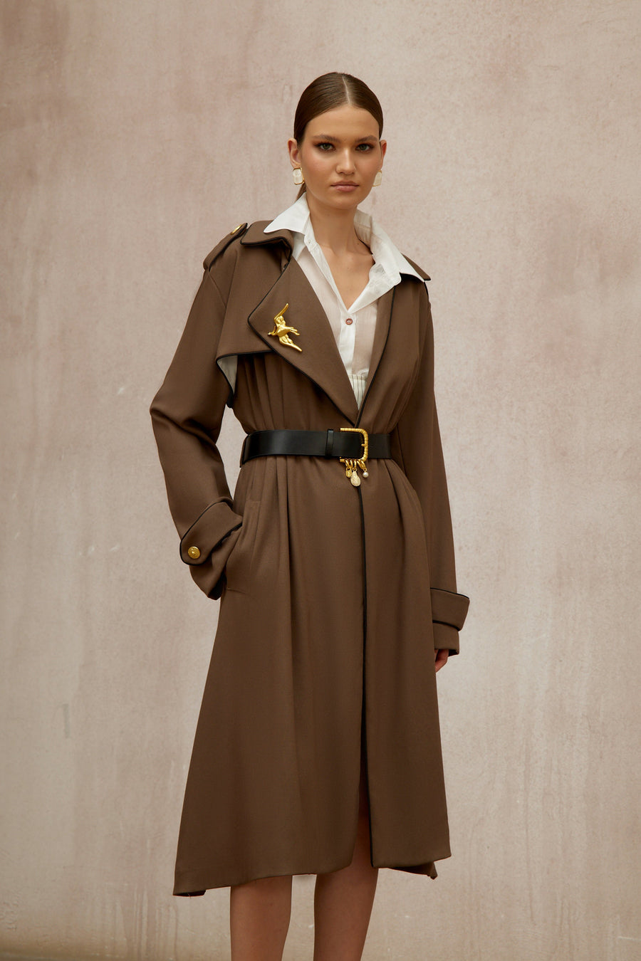 Wanda Brown Belted Long Trench Coat