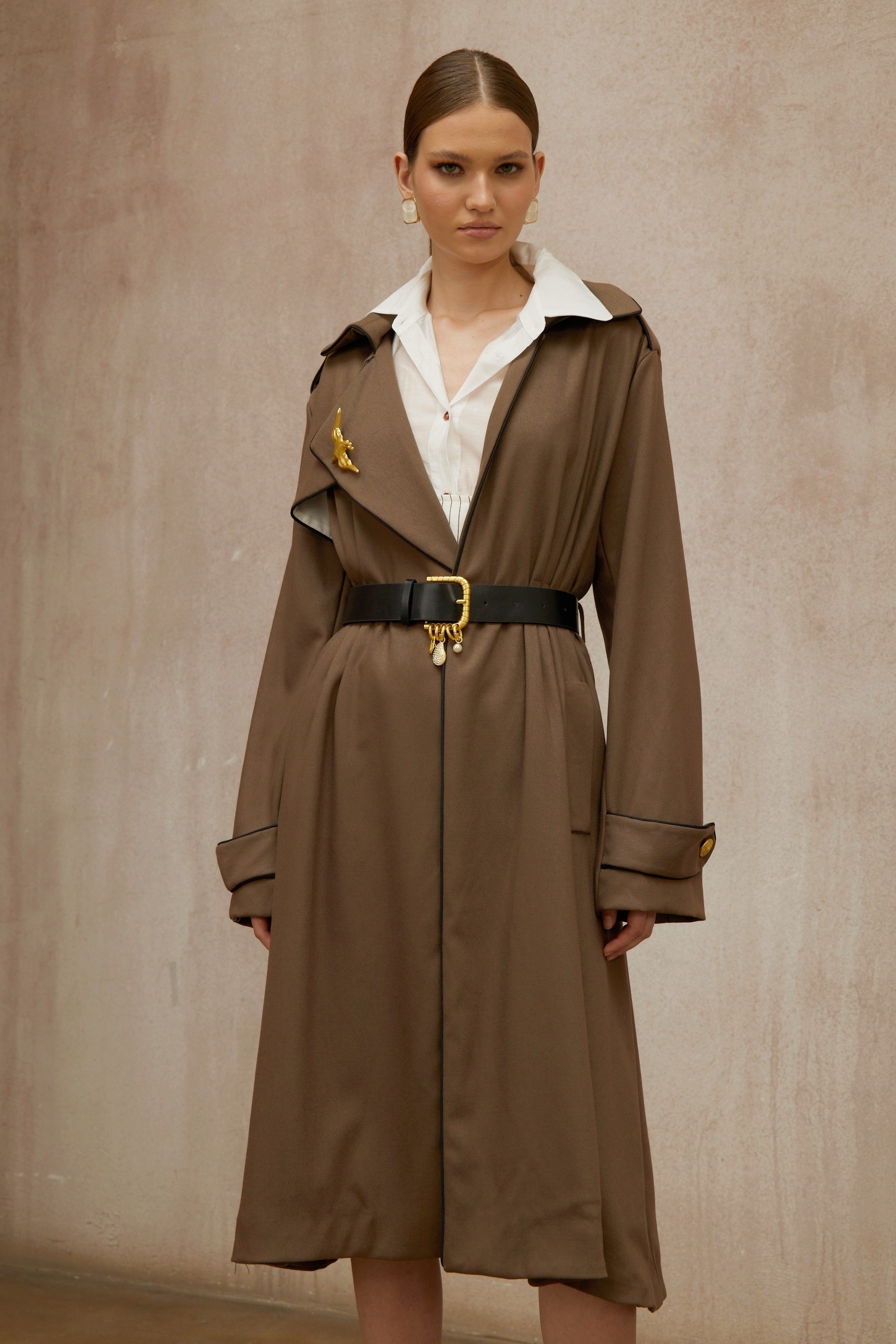 Wanda Brown Belted Long Trench Coat