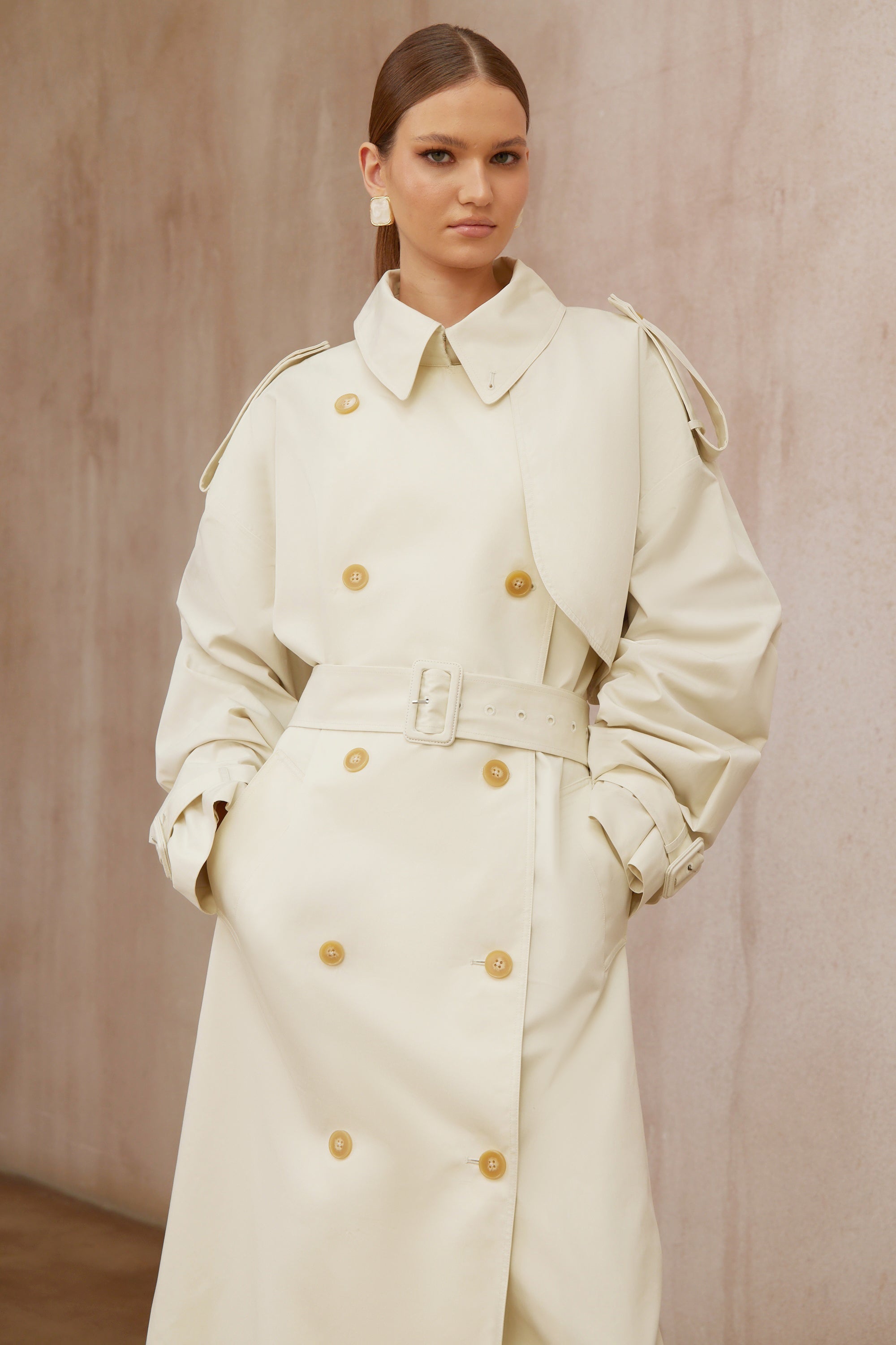 Bruyère White Double-Breasted Long Trench Coat