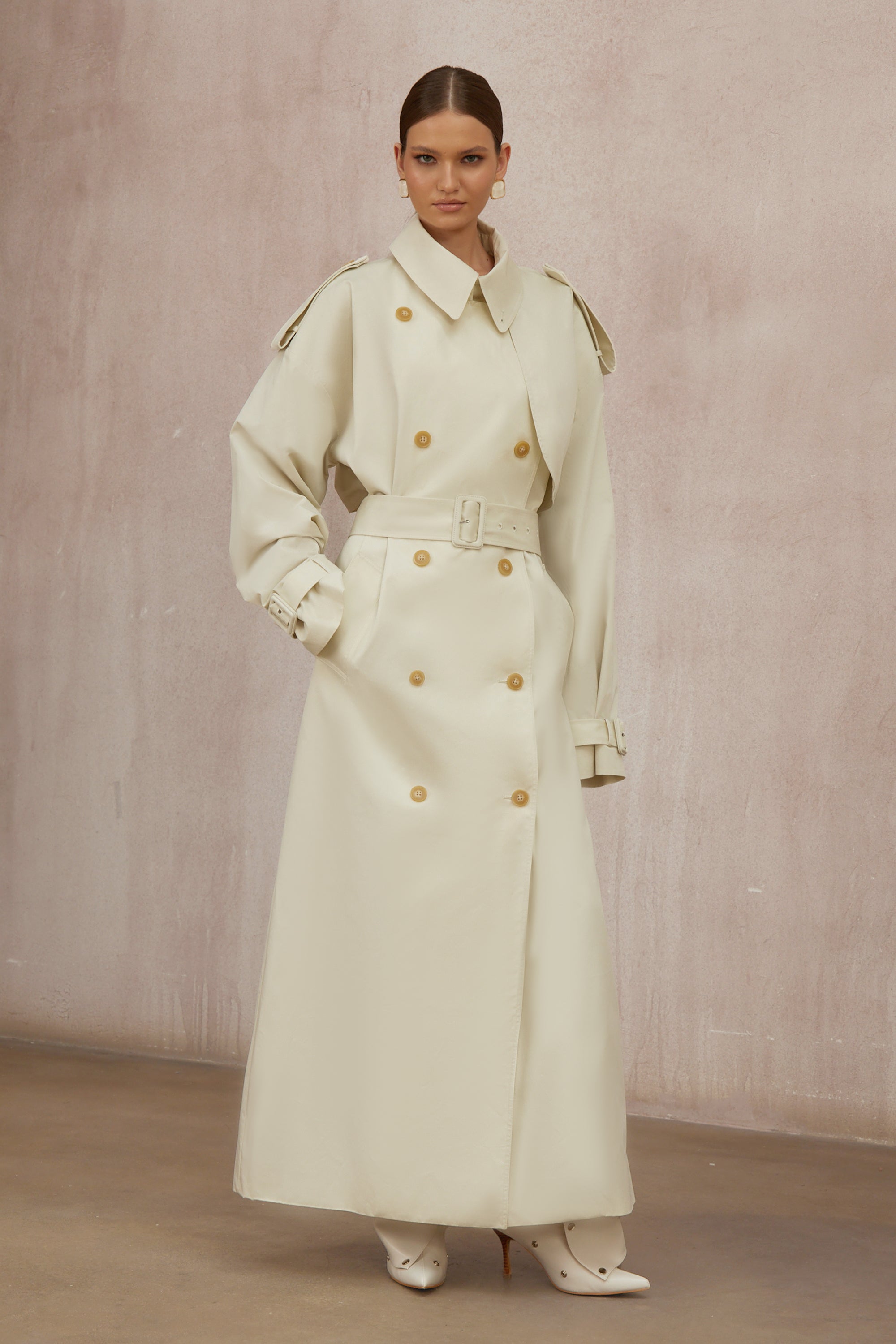 Bruyère White Double-Breasted Long Trench Coat