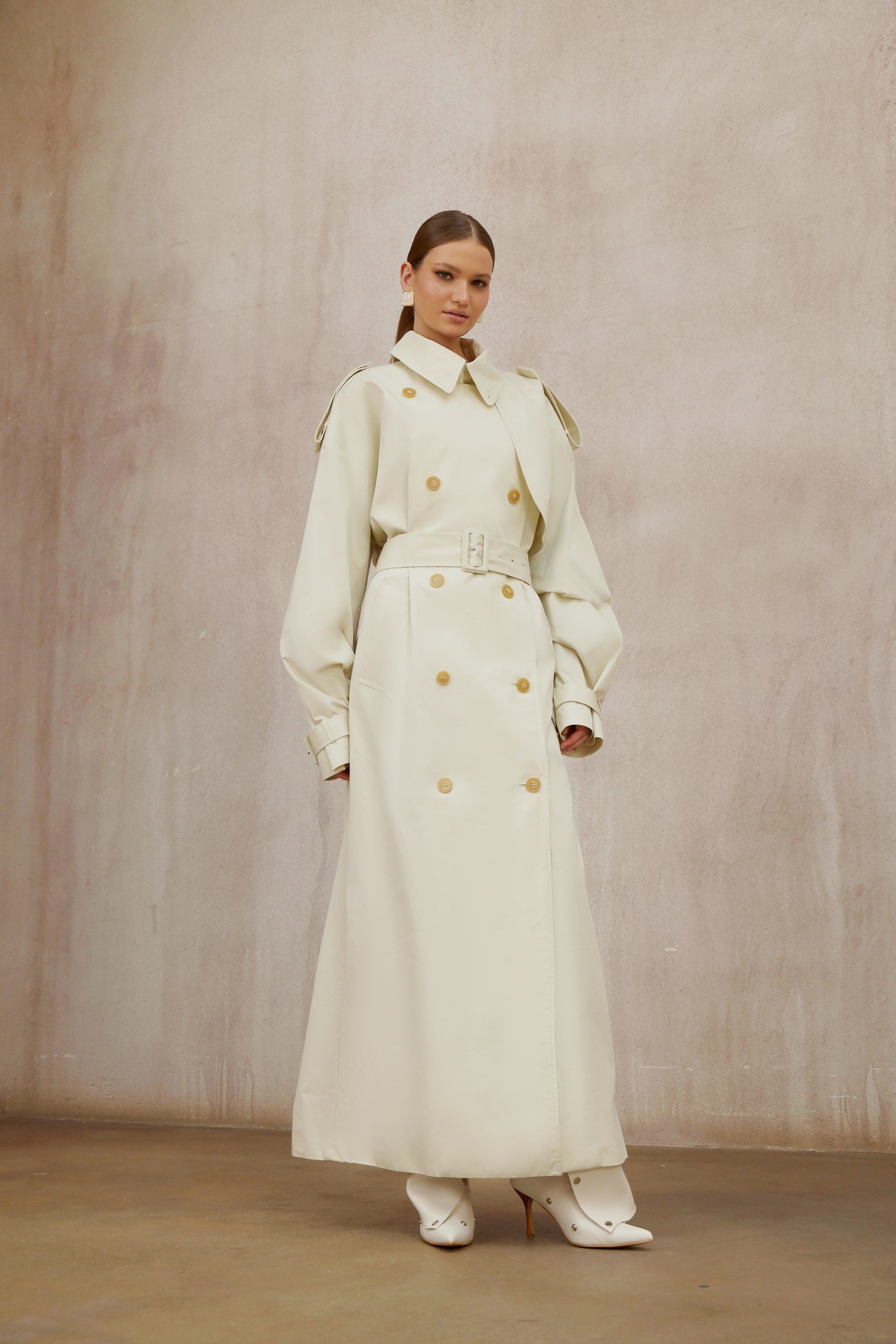 Bruyère White Double-Breasted Long Trench Coat