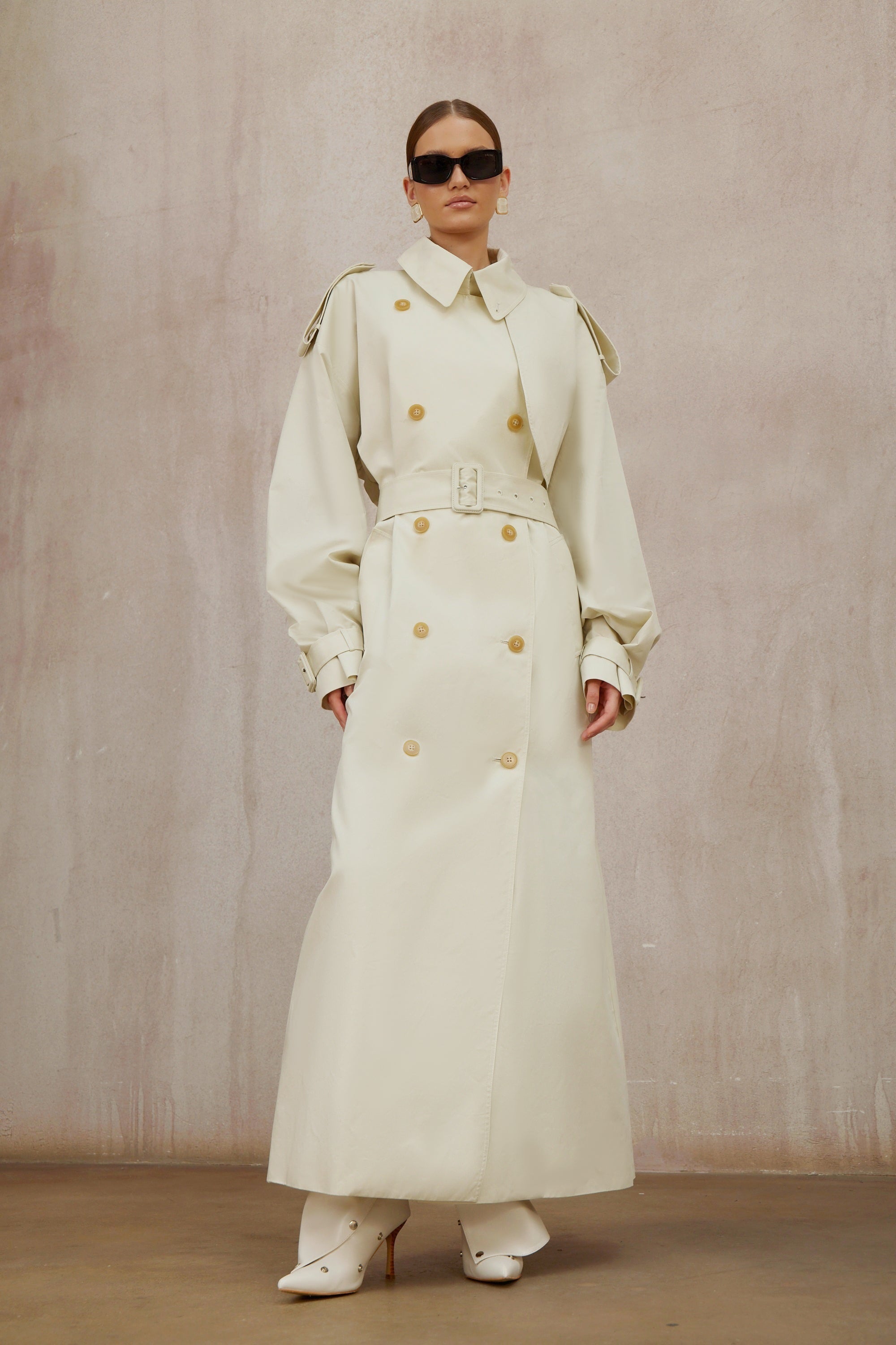 Bruyère White Double-Breasted Long Trench Coat