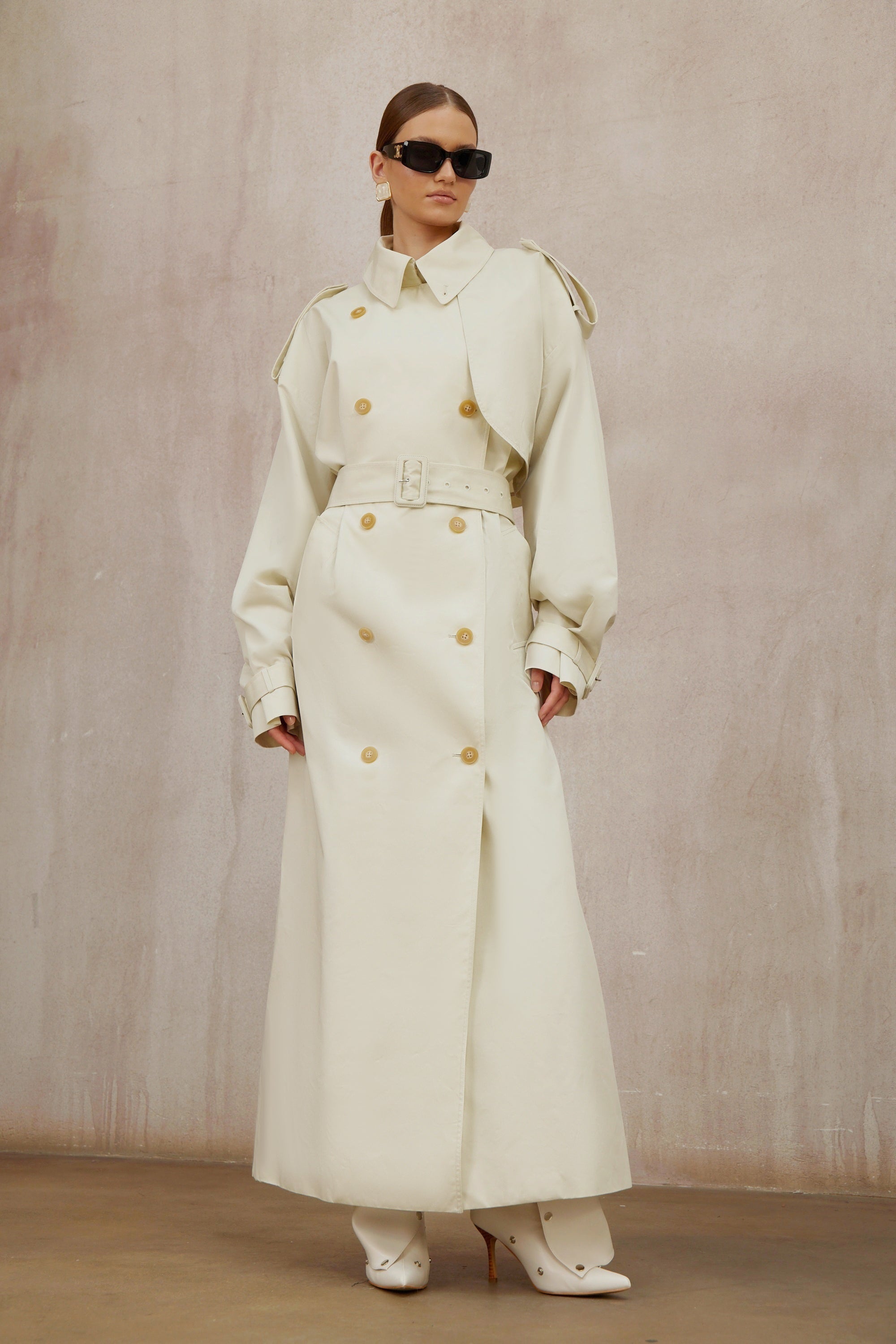 Bruyère White Double-Breasted Long Trench Coat