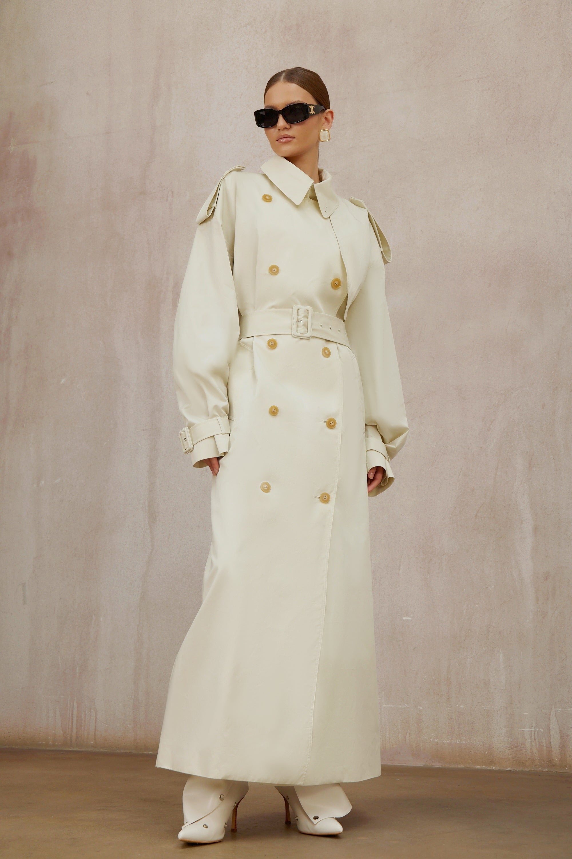Bruyère White Double-Breasted Long Trench Coat