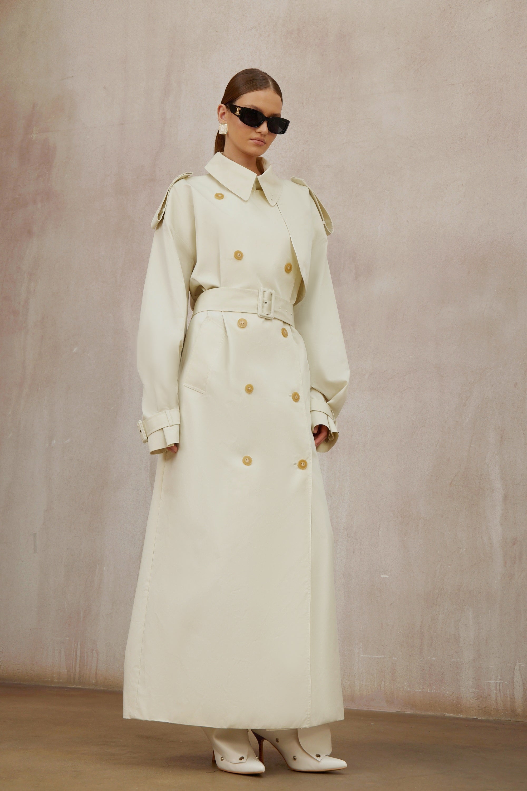 Bruyère White Double-Breasted Long Trench Coat