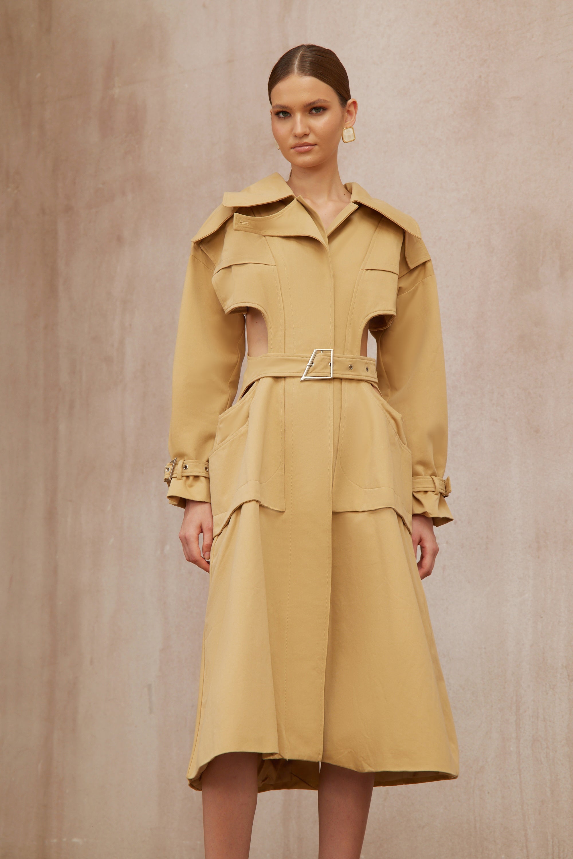 Pilar Neutral Cut Out Belted Long Trench Coat (Final Sale-US Only)