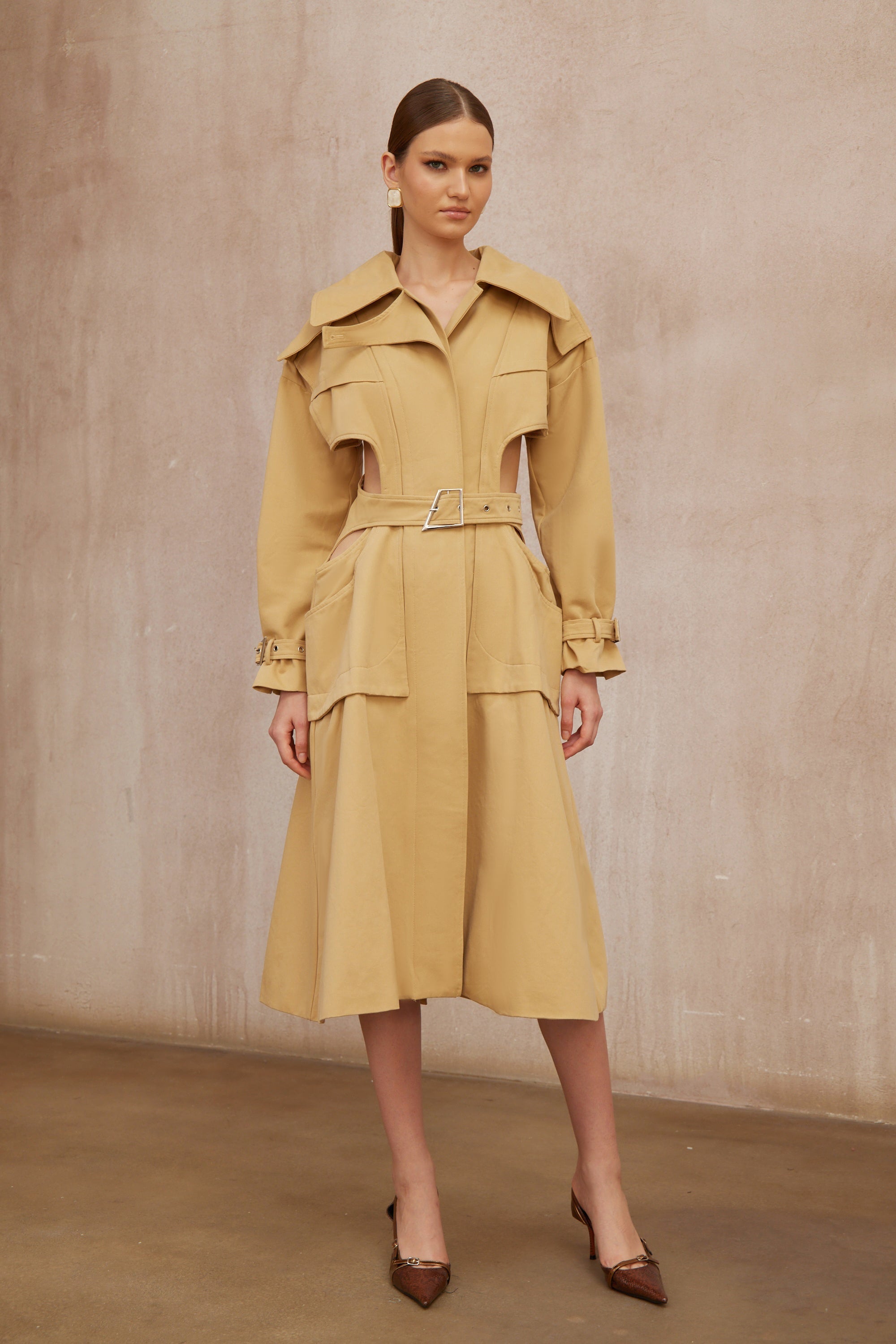 Pilar Neutral Cut Out Belted Long Trench Coat (Final Sale-US Only)