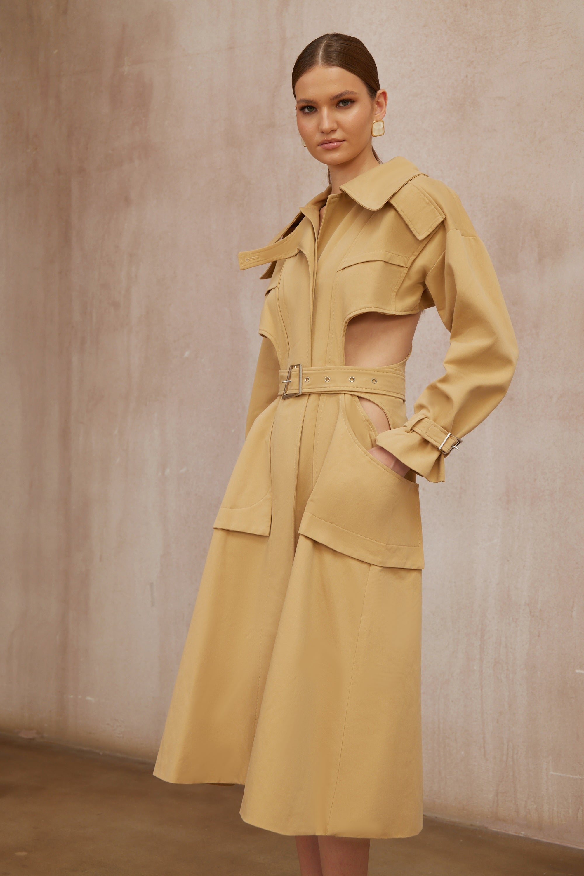 Pilar Neutral Cut Out Belted Long Trench Coat (Final Sale-US Only)