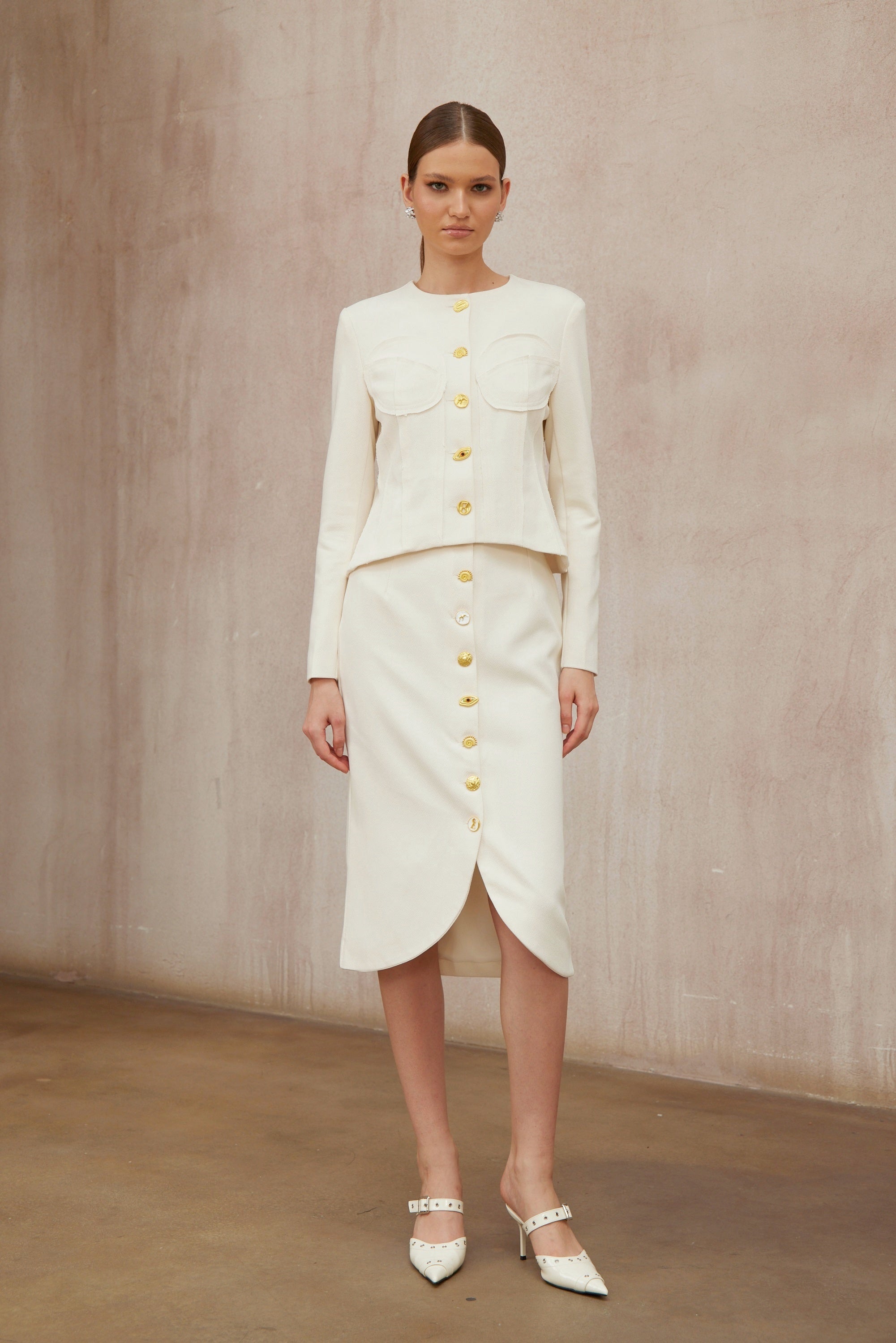 Léa White Decorative Button Jacket & Skirt Set