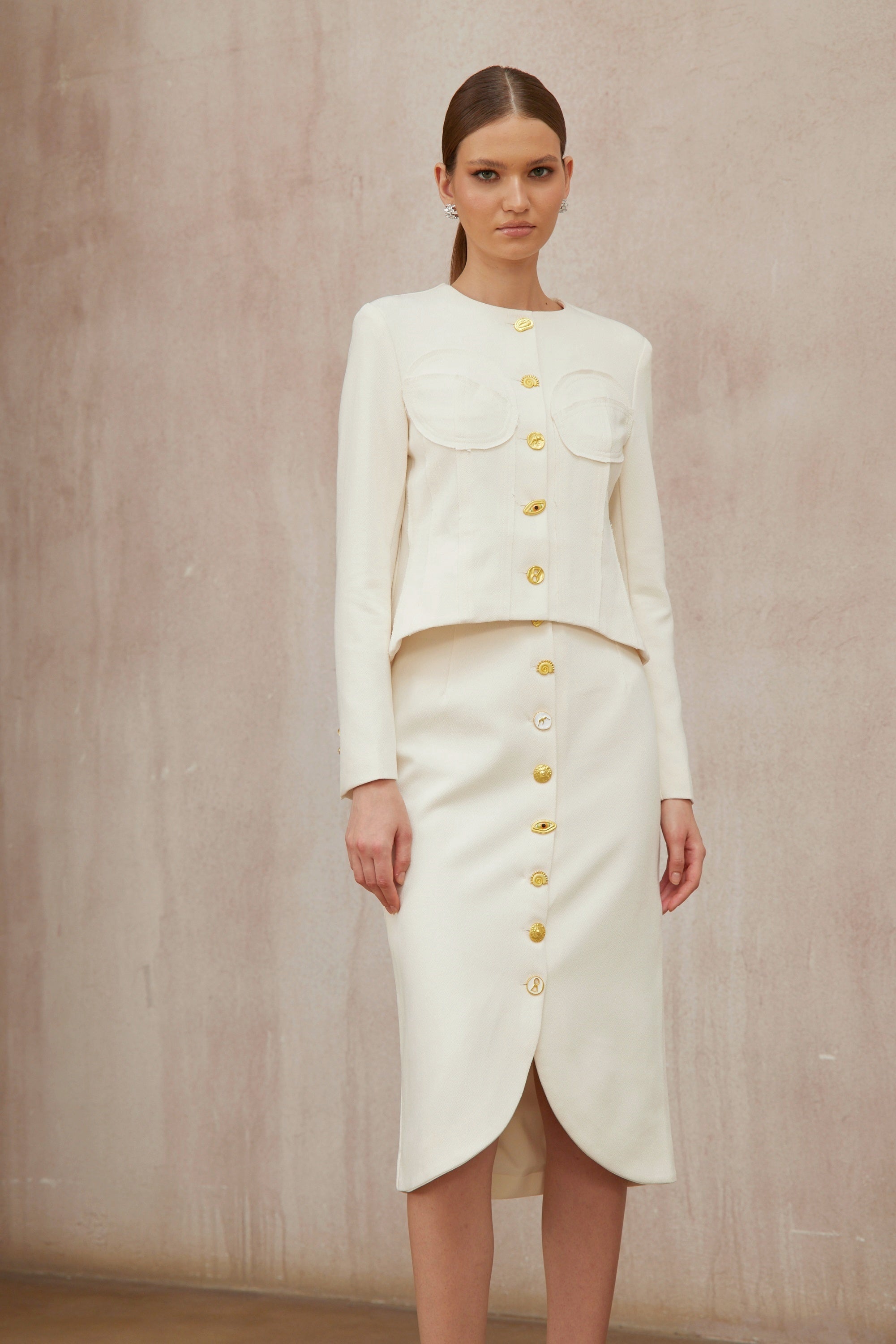 Léa White Decorative Button Jacket & Skirt Set