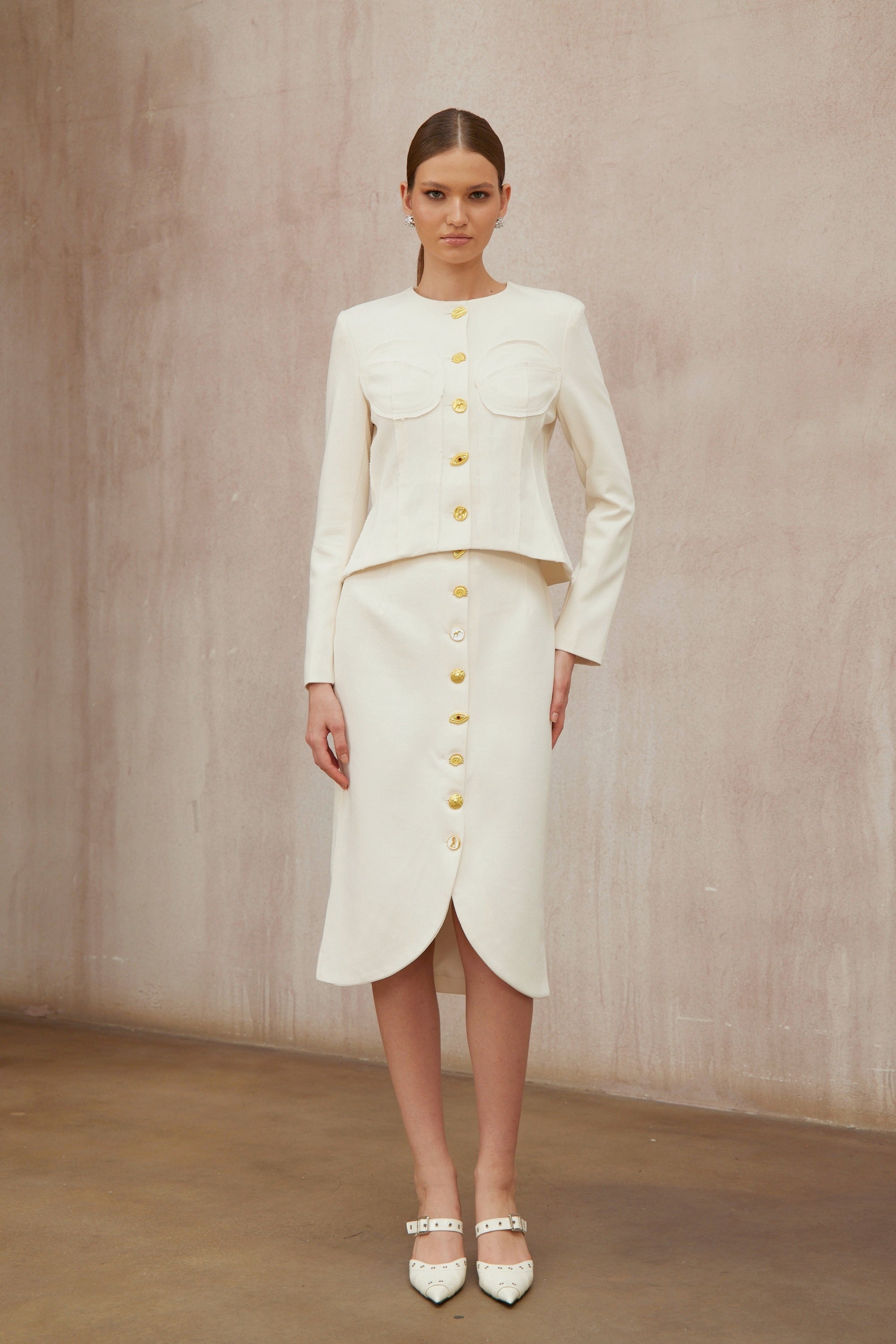 Léa White Decorative Button Jacket & Skirt Set