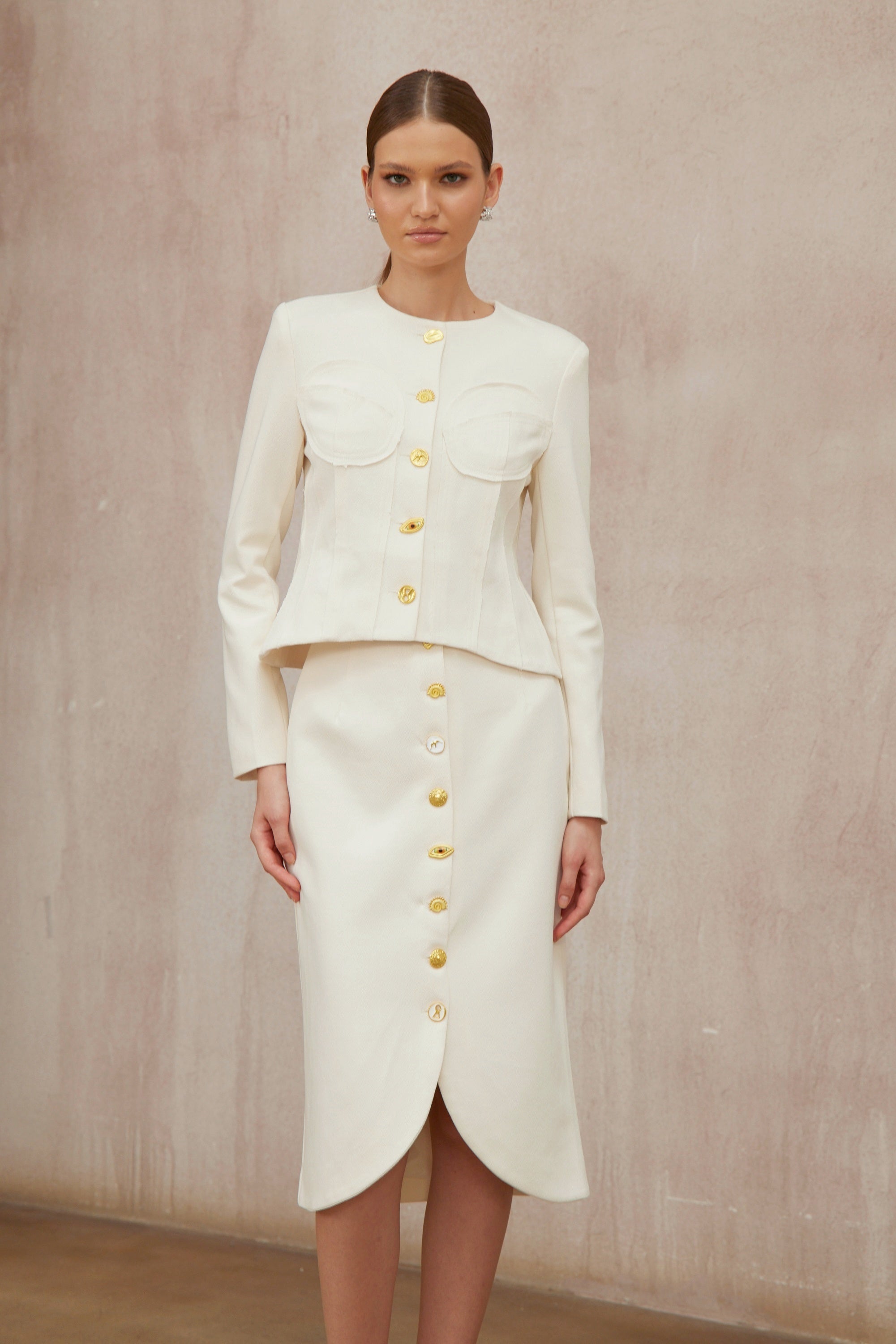 Léa White Decorative Button Jacket & Skirt Set