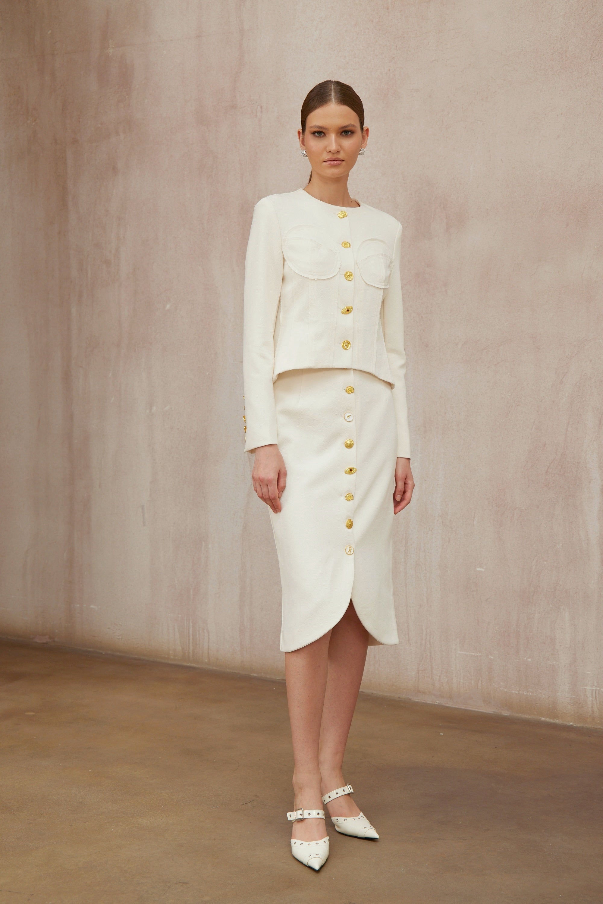 Léa White Decorative Button Jacket & Skirt Set