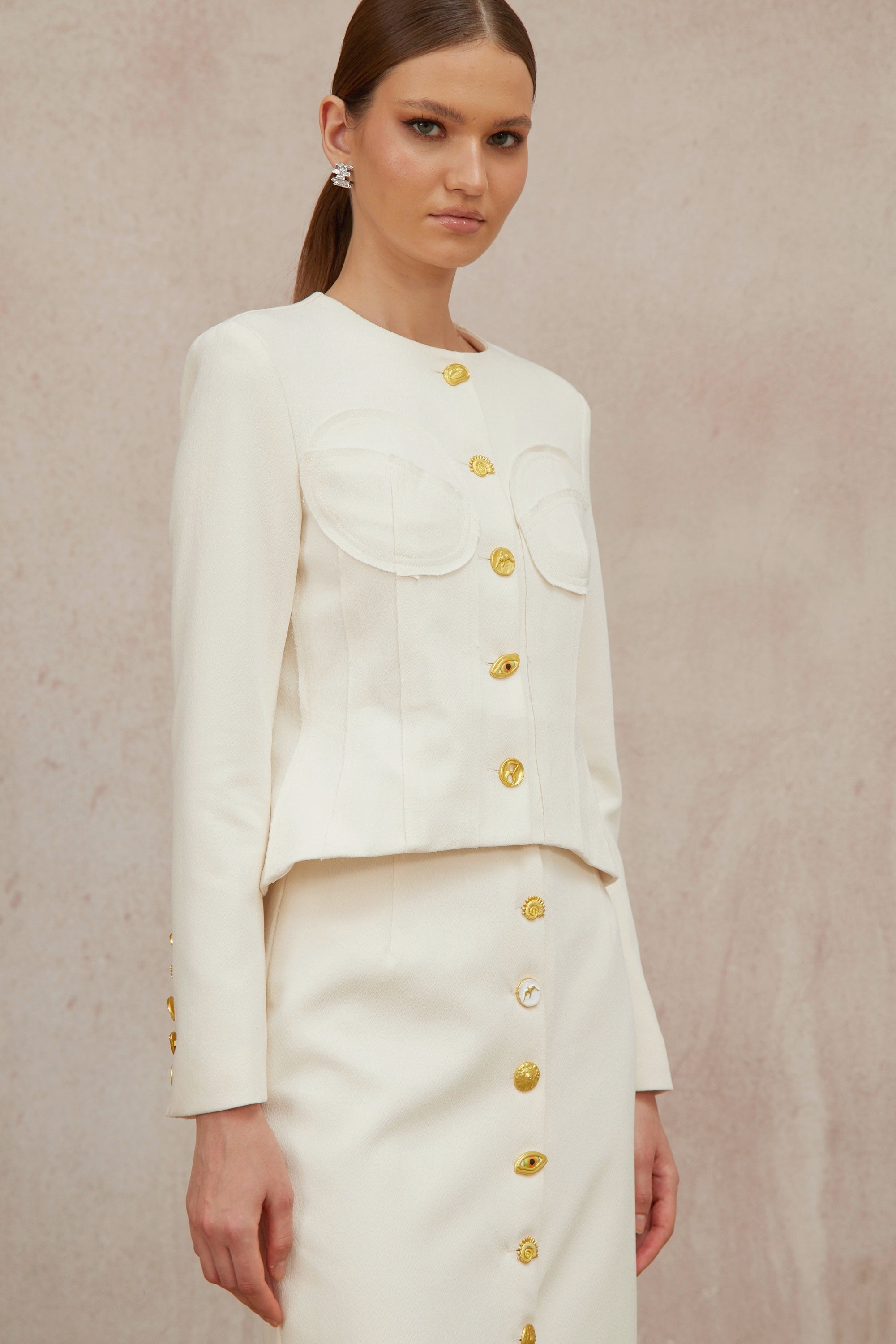 Léa White Decorative Button Jacket & Skirt Set