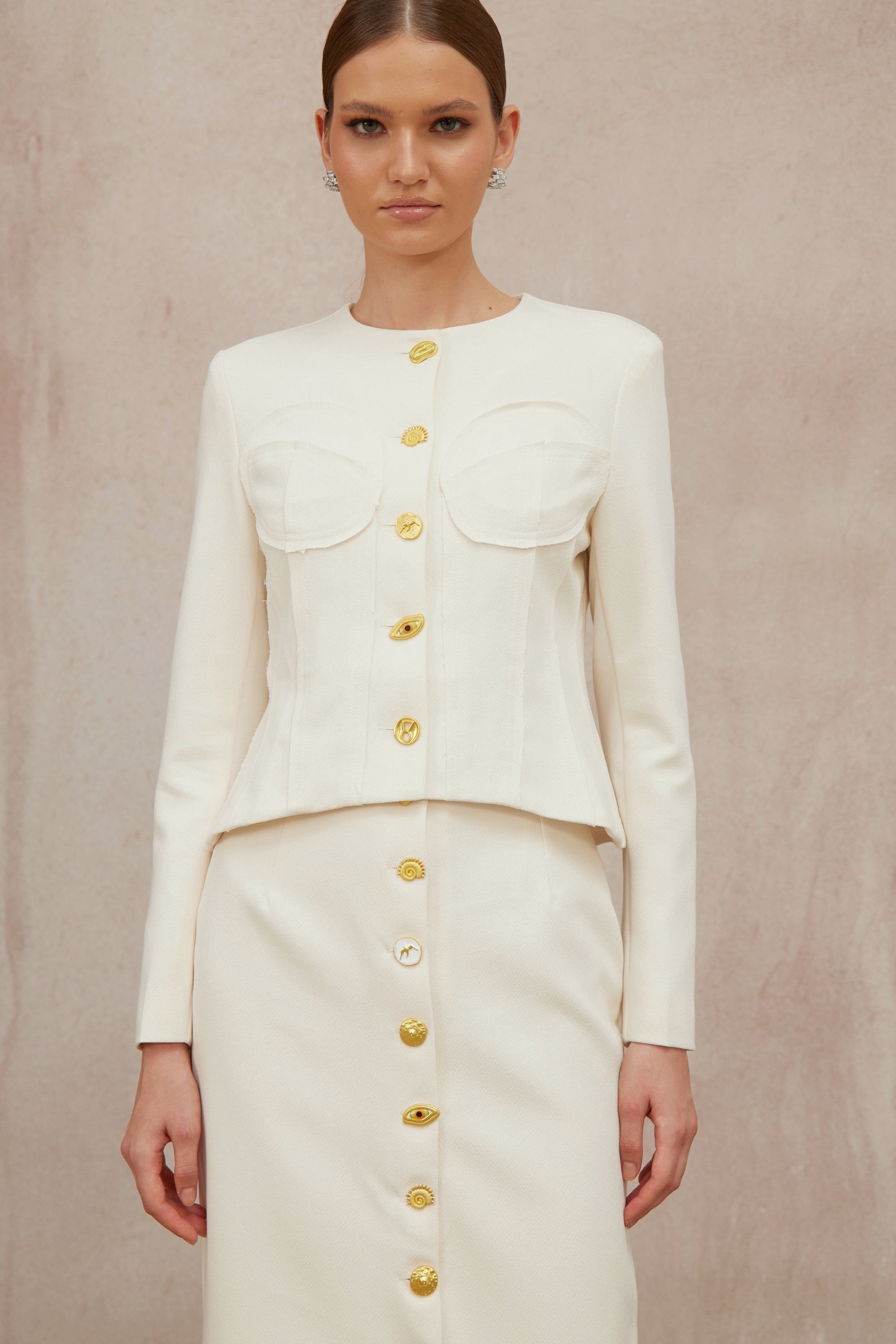 Léa White Decorative Button Jacket & Skirt Set