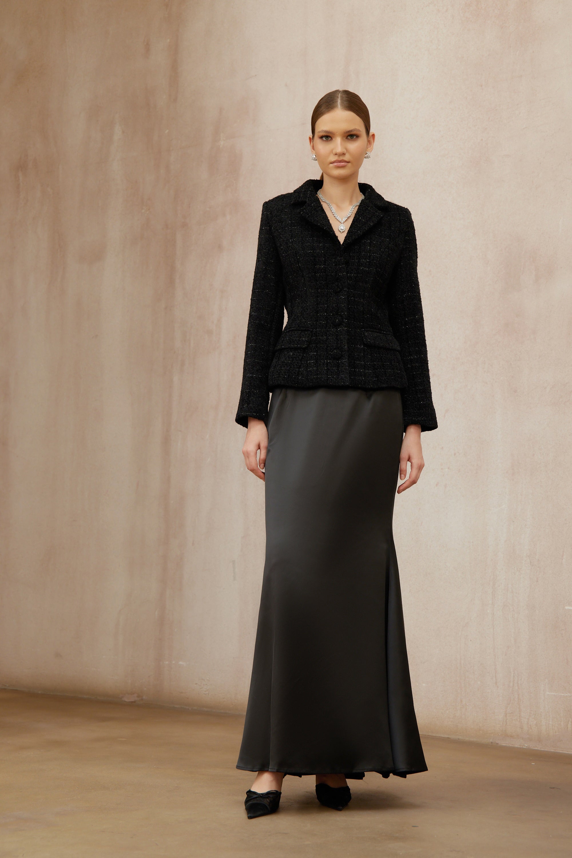 Ariadna Black Tweed Jacket & Satin Skirt Set (Final Sale-US Only)