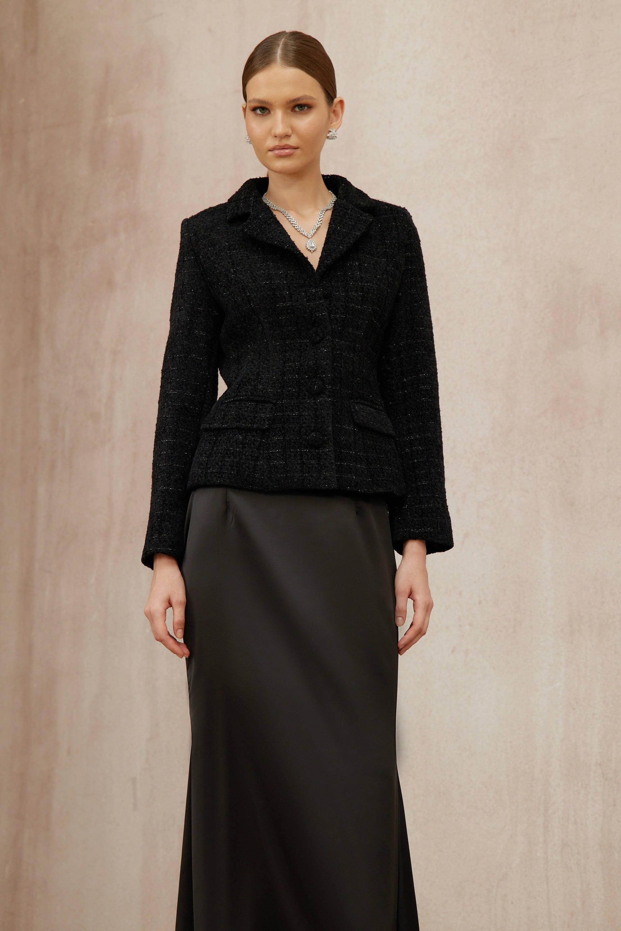 Ariadna Black Tweed Jacket & Satin Skirt Set (Final Sale-US Only)