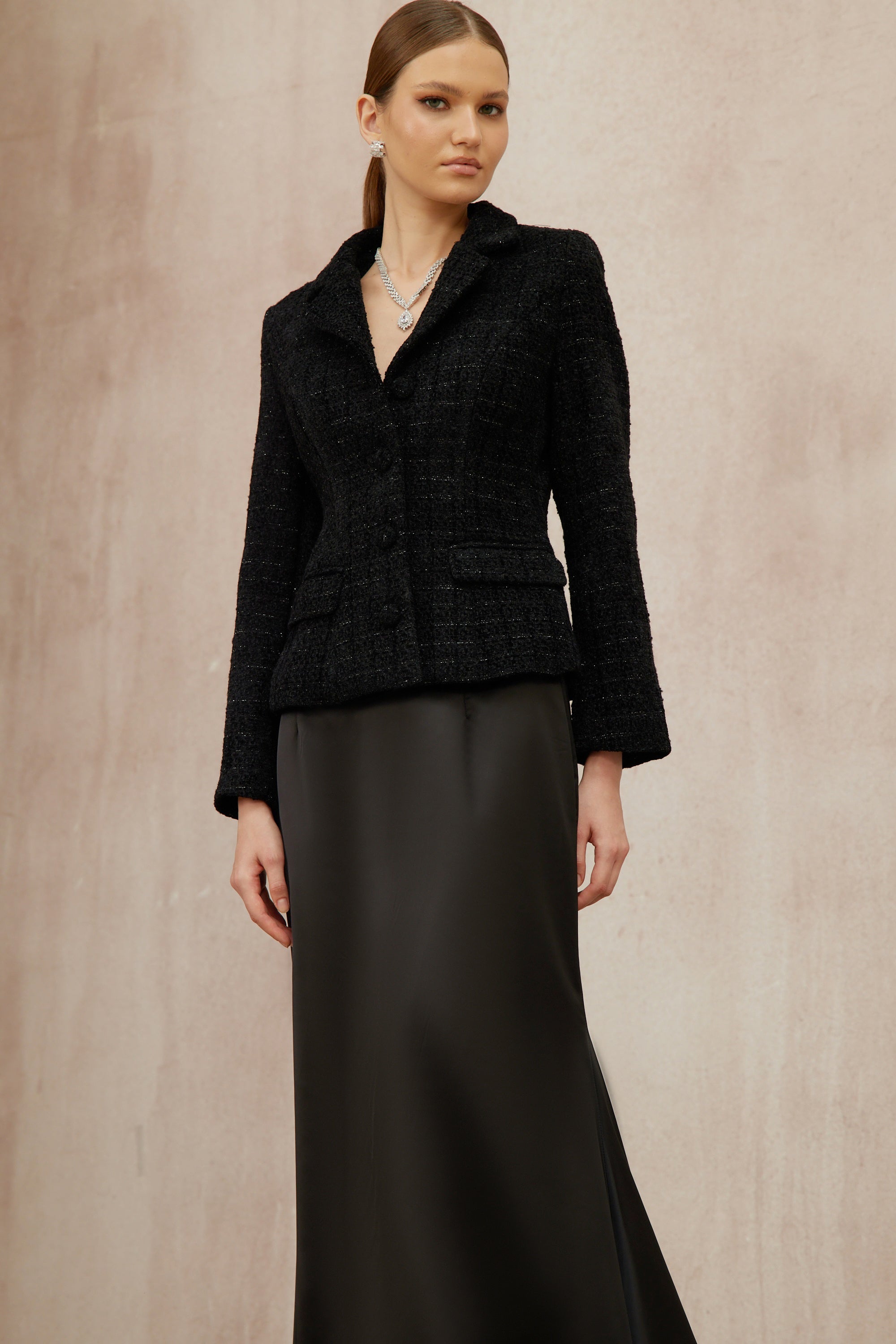 Ariadna Black Tweed Jacket & Satin Skirt Set (Final Sale-US Only)