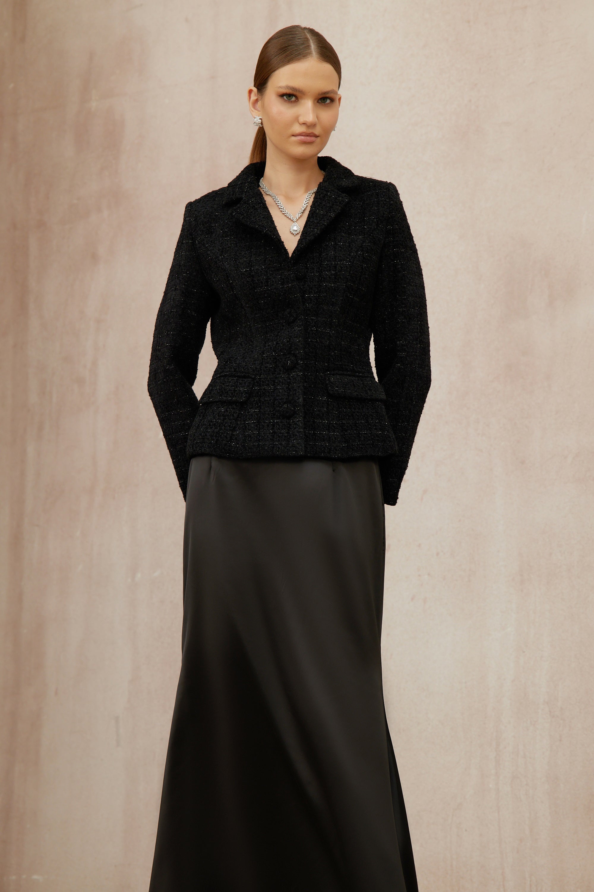 Ariadna Black Tweed Jacket & Satin Skirt Set (Final Sale-US Only)