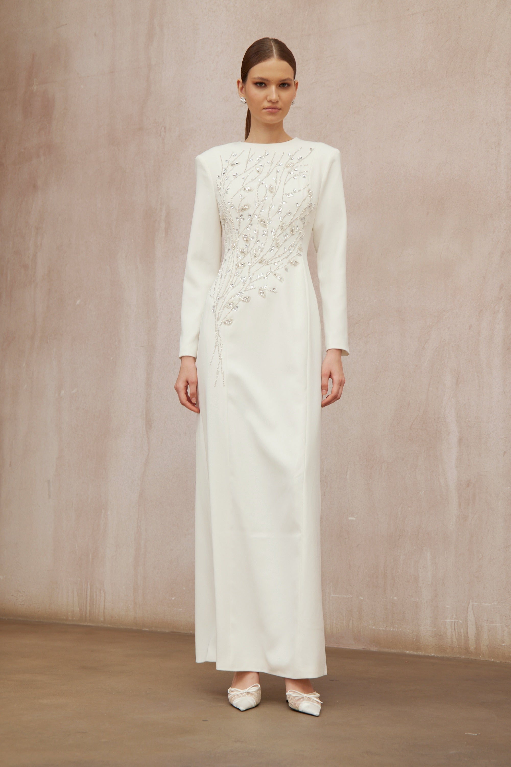 Calliopée White Leaf Appliqué Embellished Maxi Gown (Final Sale-US Only)