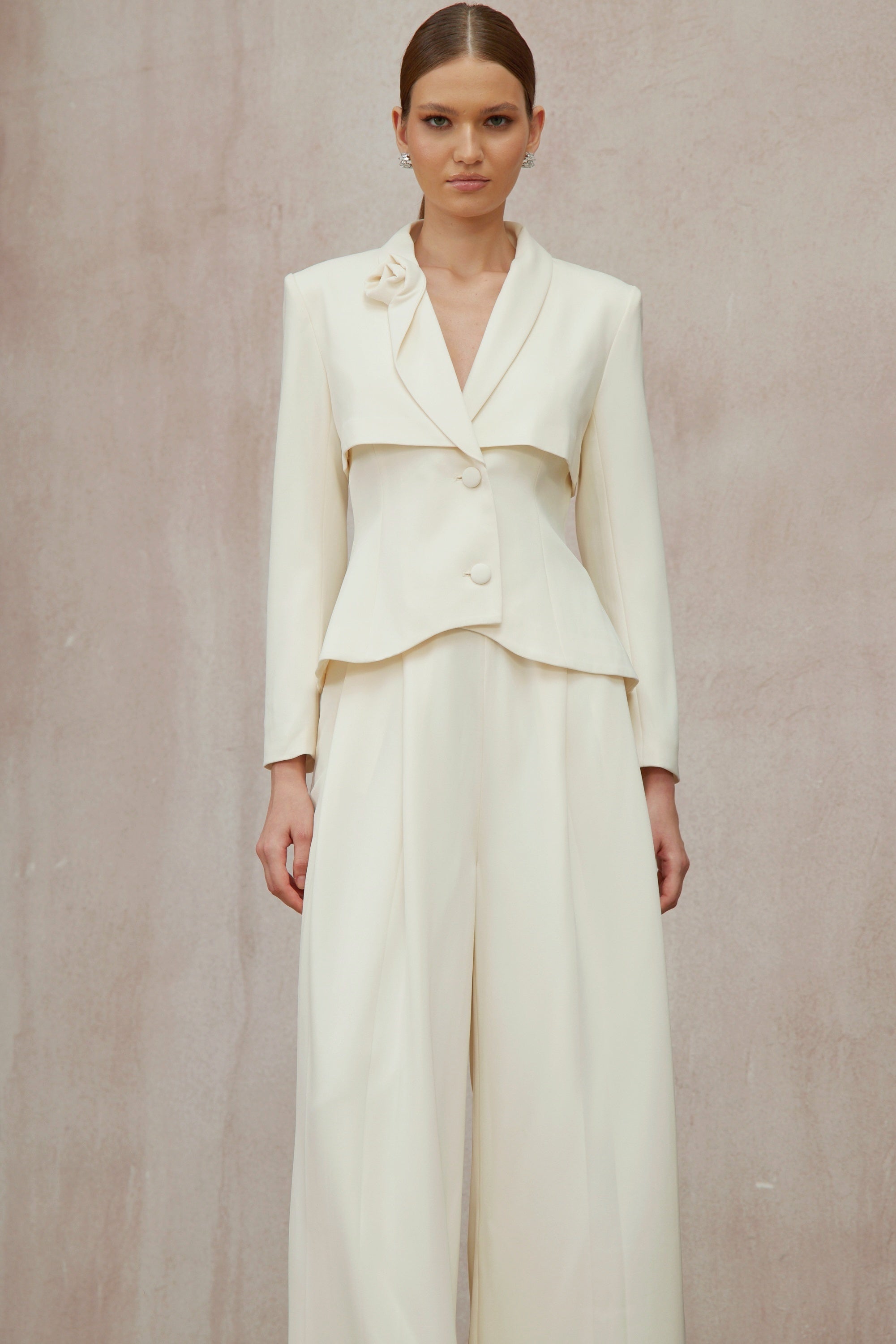 Teresa Neutral 3D Petal Blazer & Trousers Set - Ivory