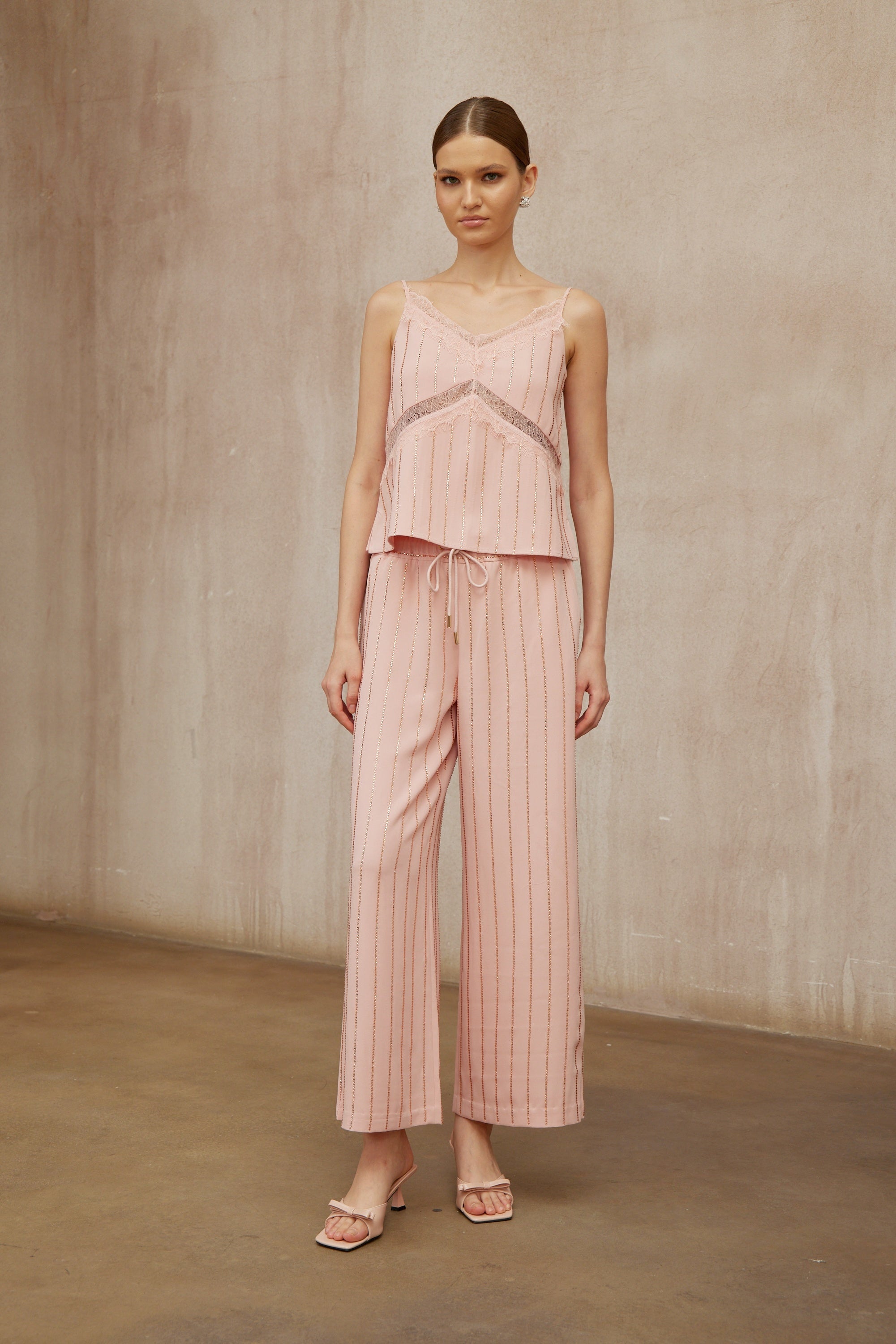 Quincie Pink Rhinestone Striped Top & Trousers Set