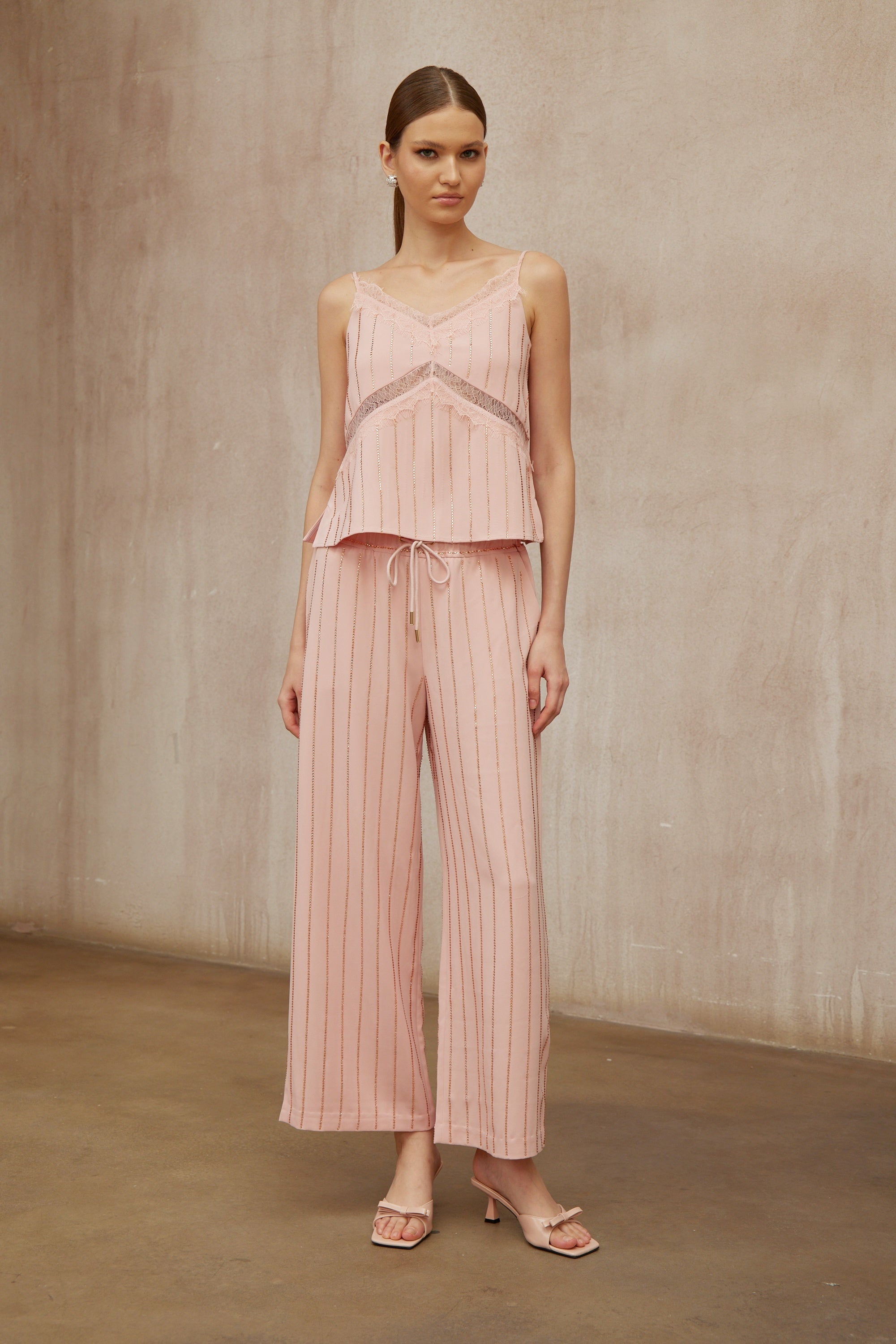 Quincie Pink Rhinestone Striped Top & Trousers Set