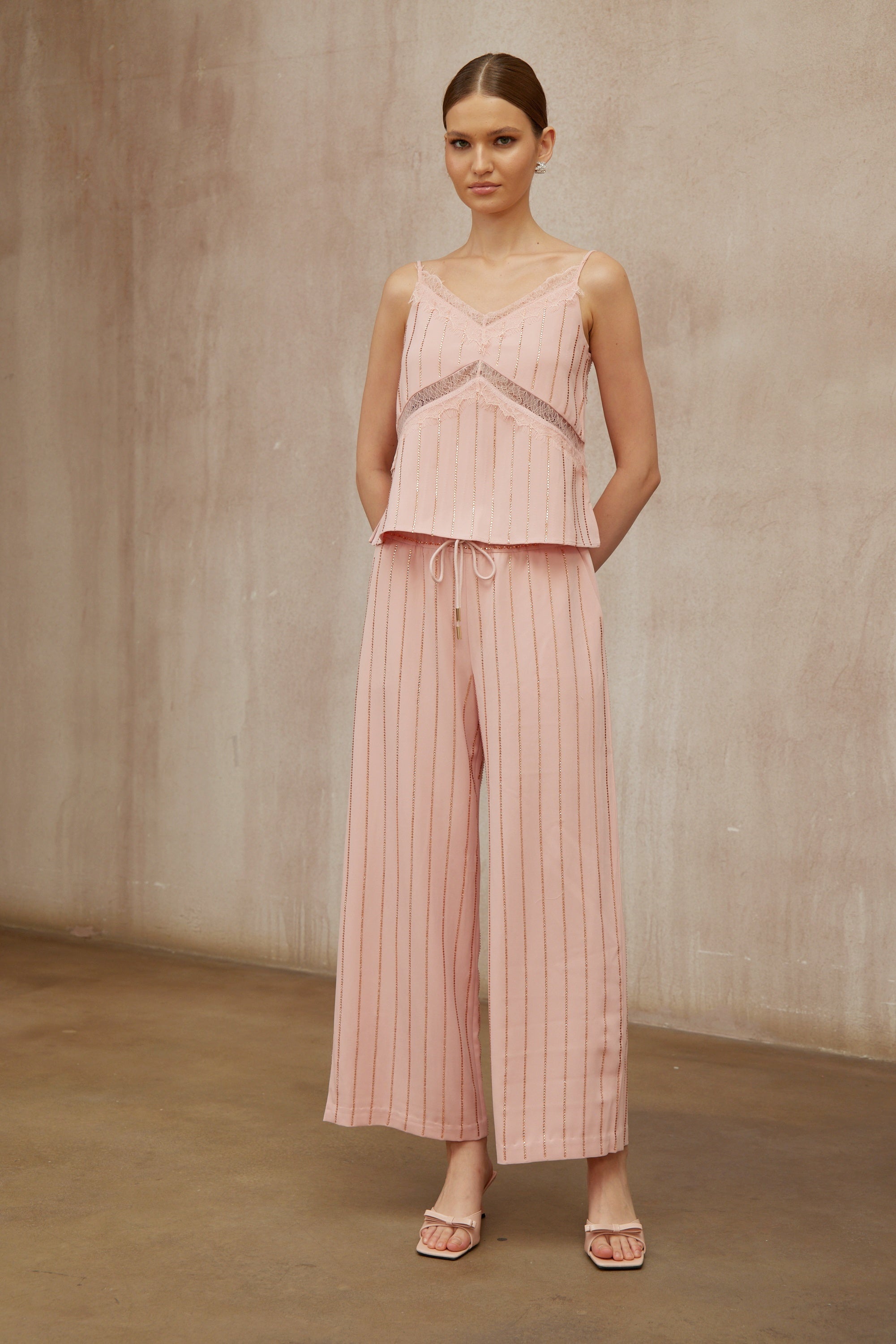 Quincie Pink Rhinestone Striped Top & Trousers Set