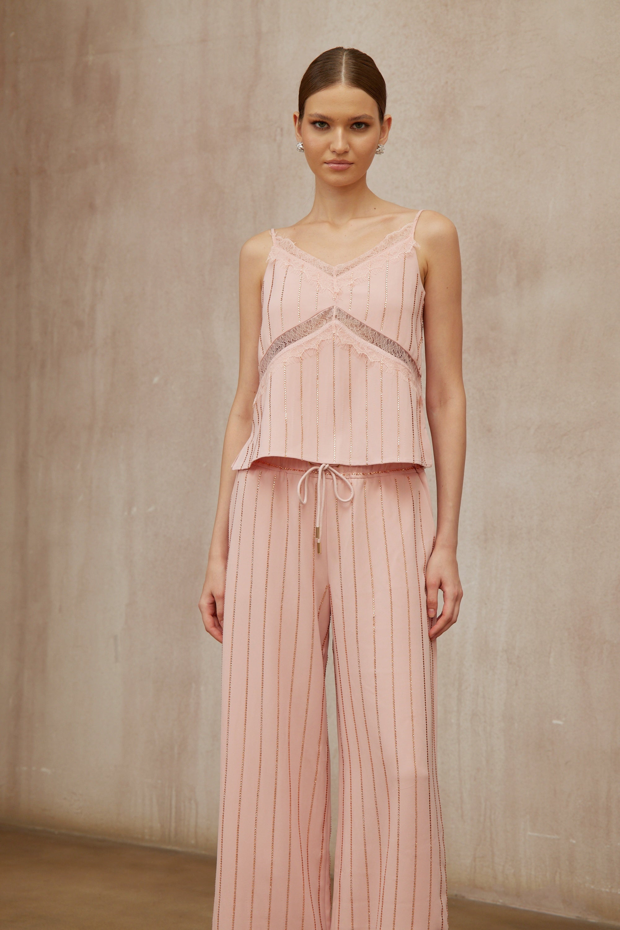 Quincie Pink Rhinestone Striped Top & Trousers Set
