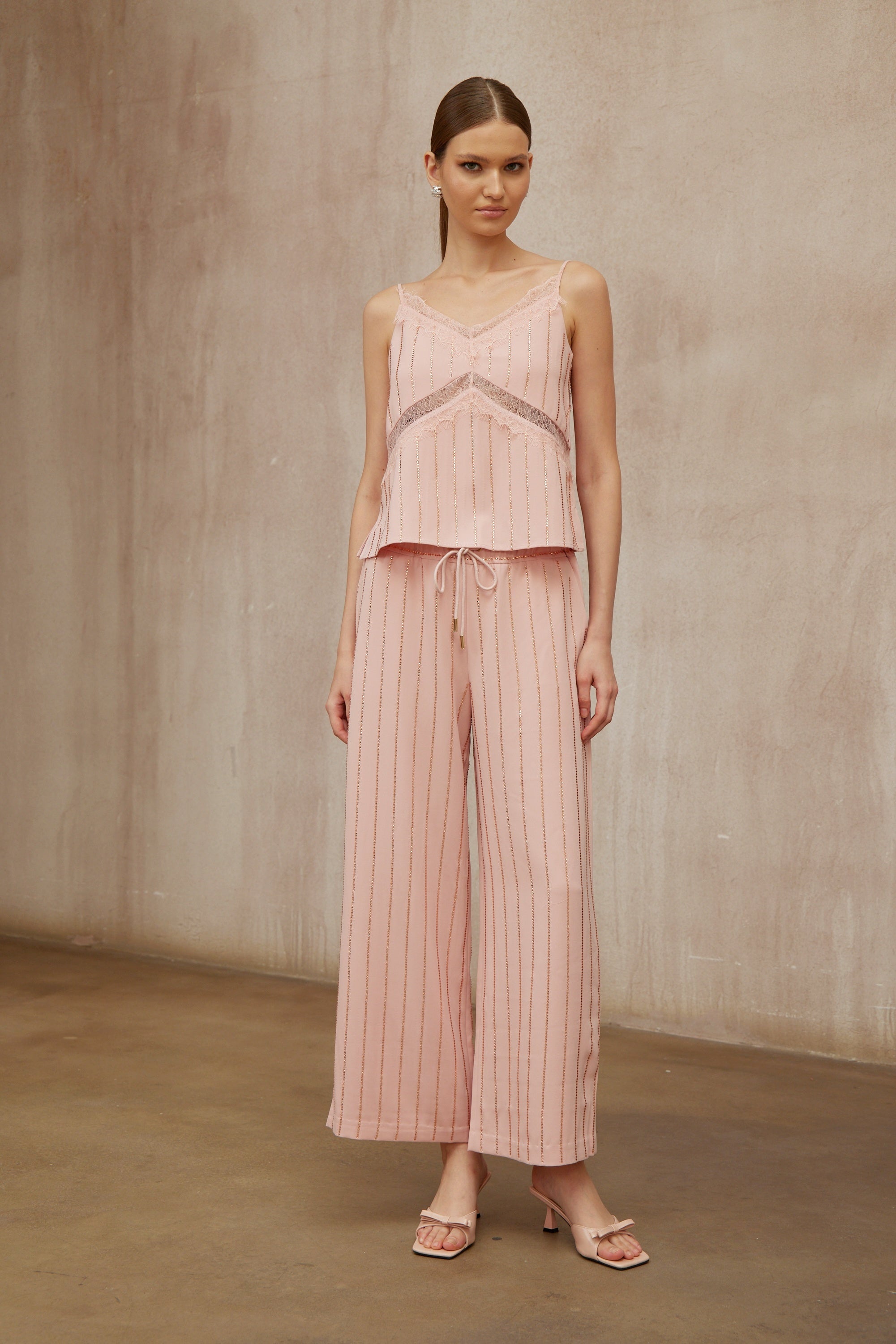 Quincie Pink Rhinestone Striped Top & Trousers Set
