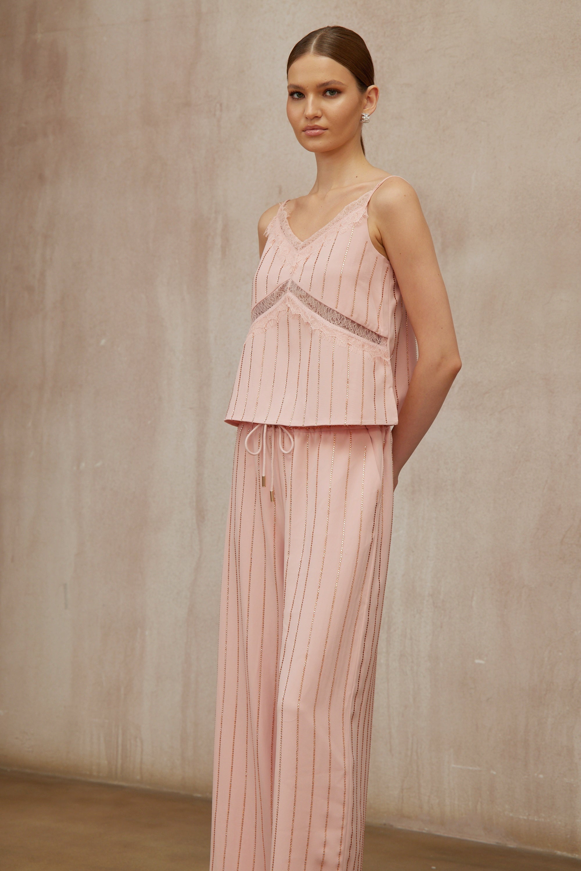 Quincie Pink Rhinestone Striped Top & Trousers Set