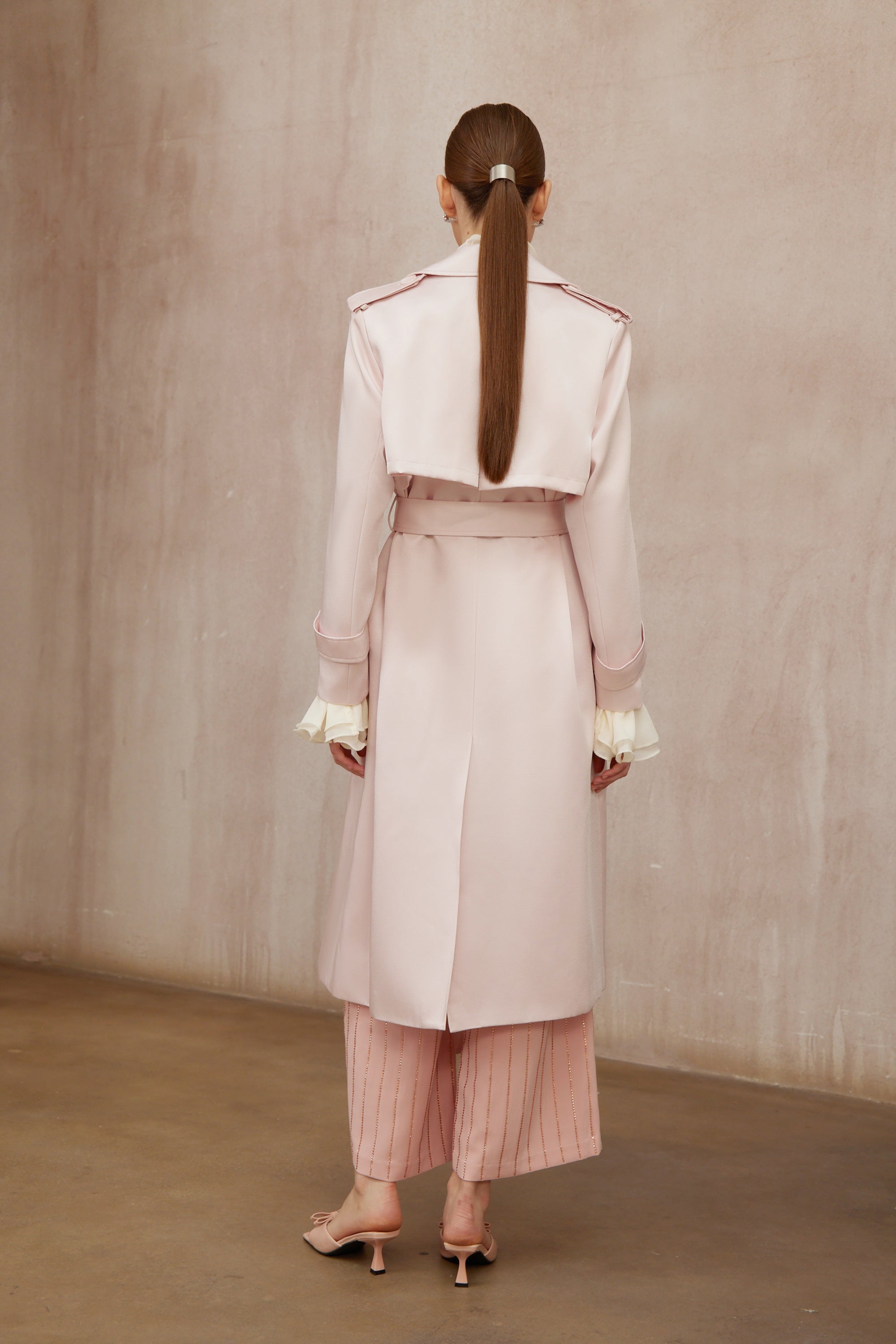 Caméo Pink Double-Breasted Satin Trench Overcoat - pink