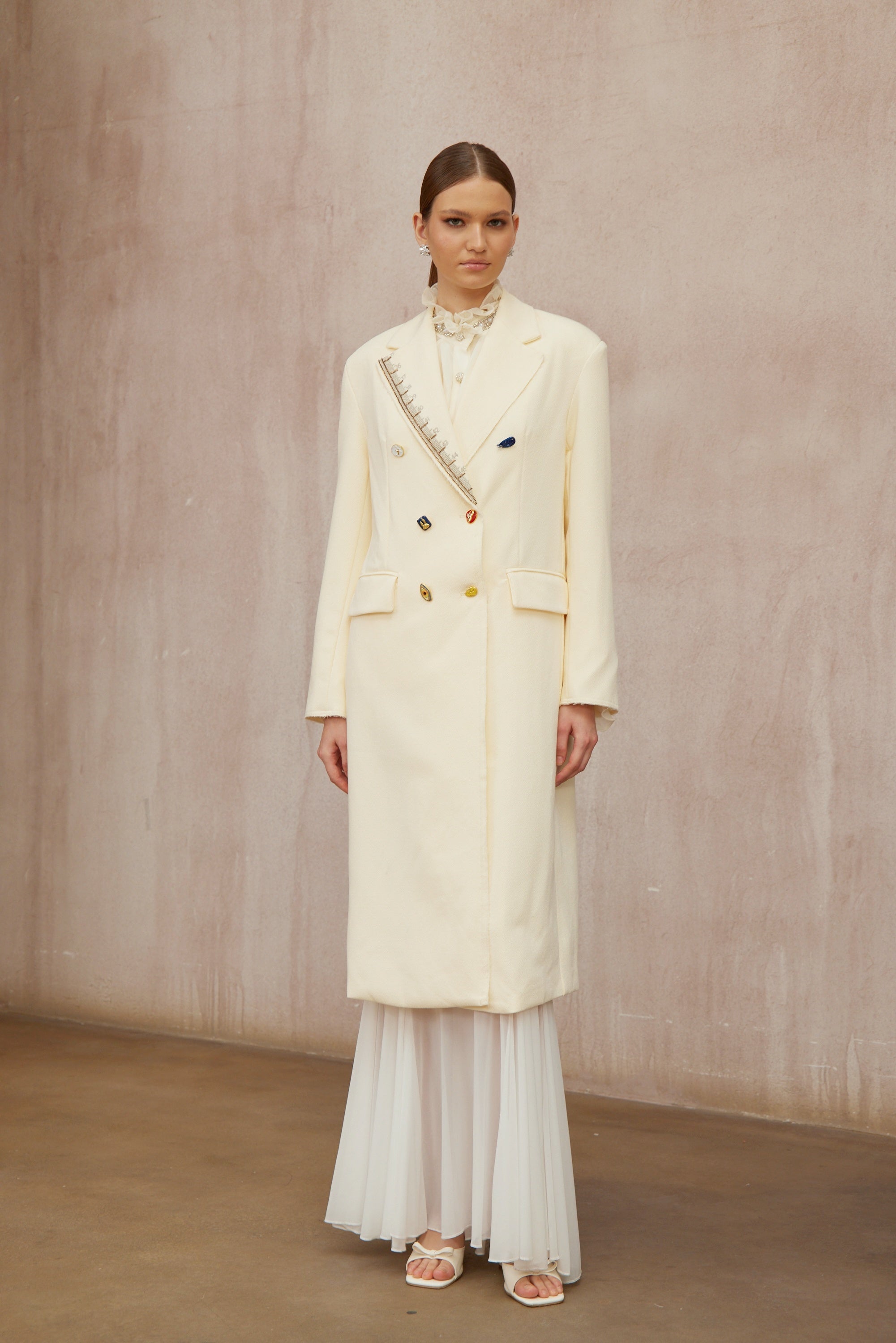 Alexa White Embroidered Double-Breasted Overcoat - ivory